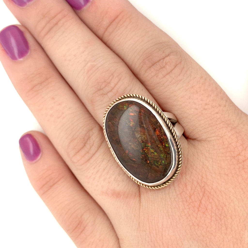 Ammolite Sterling Silver bezel set split shank gemstone ring, jewelry
