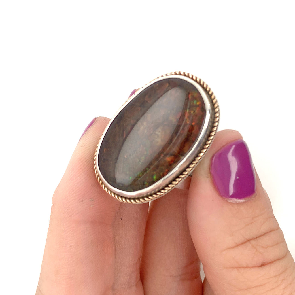 Ammolite Sterling Silver bezel set split shank gemstone ring, jewelry