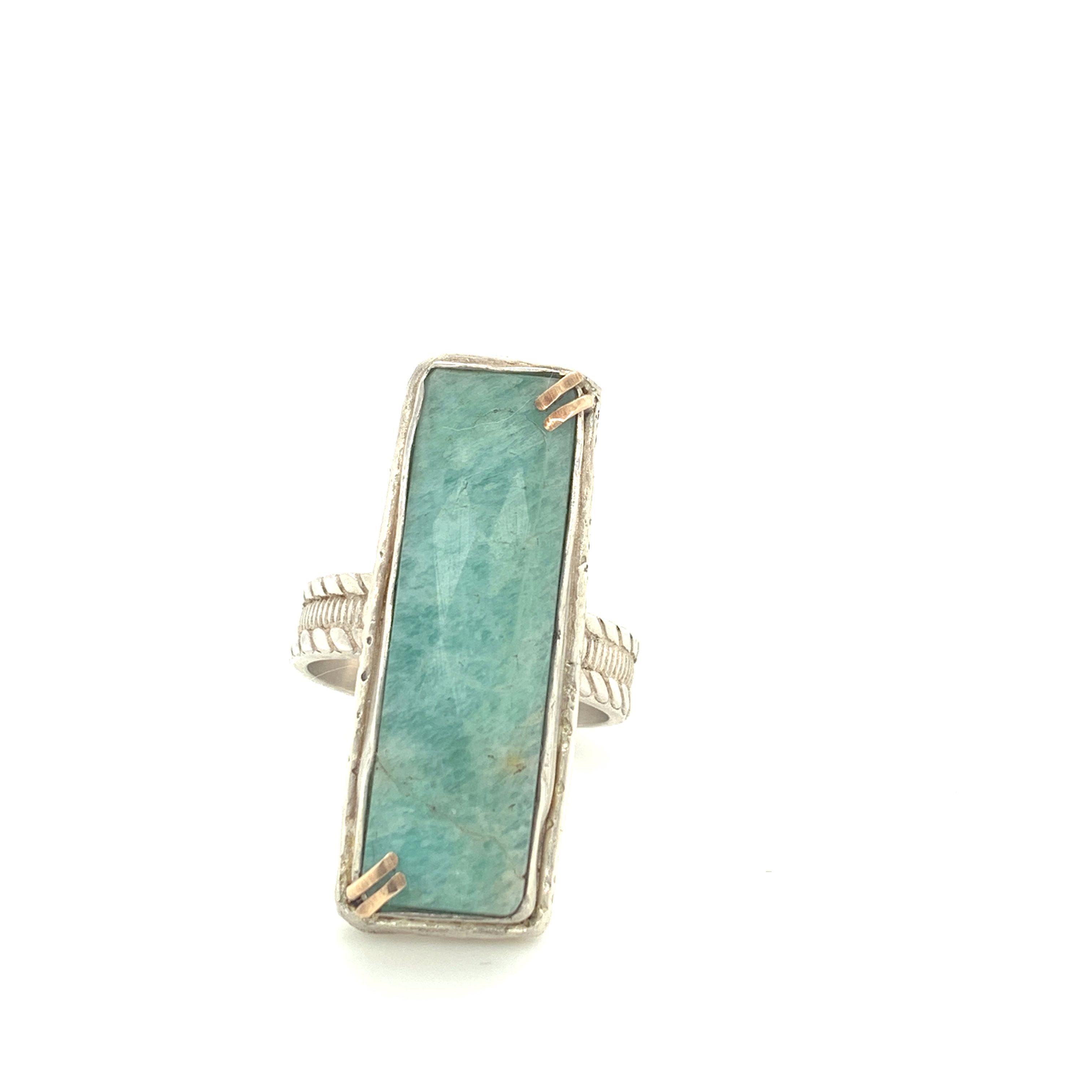 Faceted Amazonite rectangular Sterling Silver ring, green colored ring