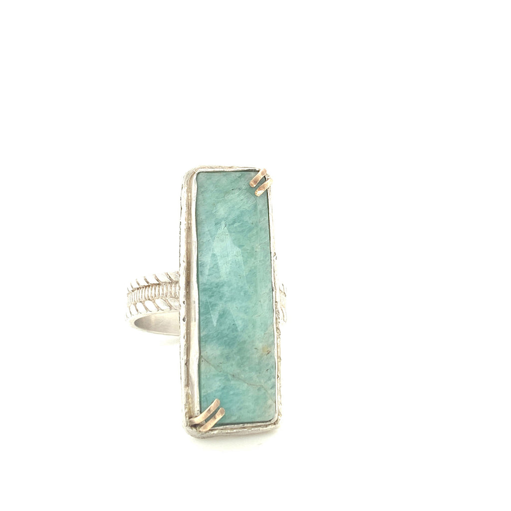Faceted Amazonite rectangular Sterling Silver ring, green colored ring