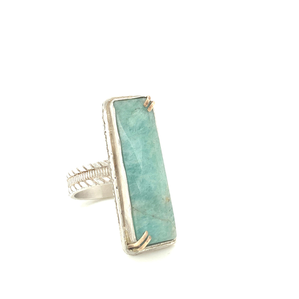 Faceted Amazonite rectangular Sterling Silver ring, green colored ring