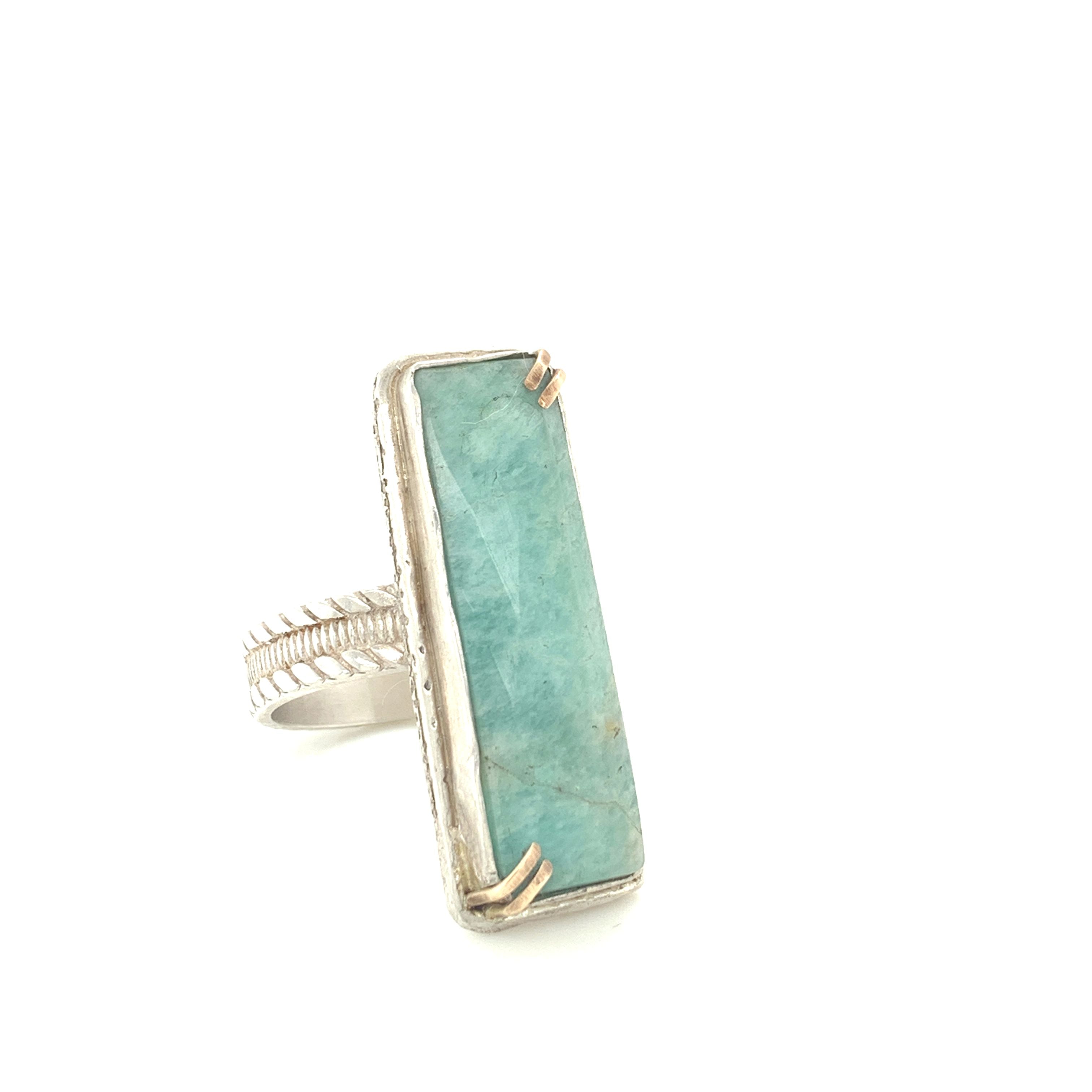 Faceted Amazonite rectangular Sterling Silver ring, green colored ring