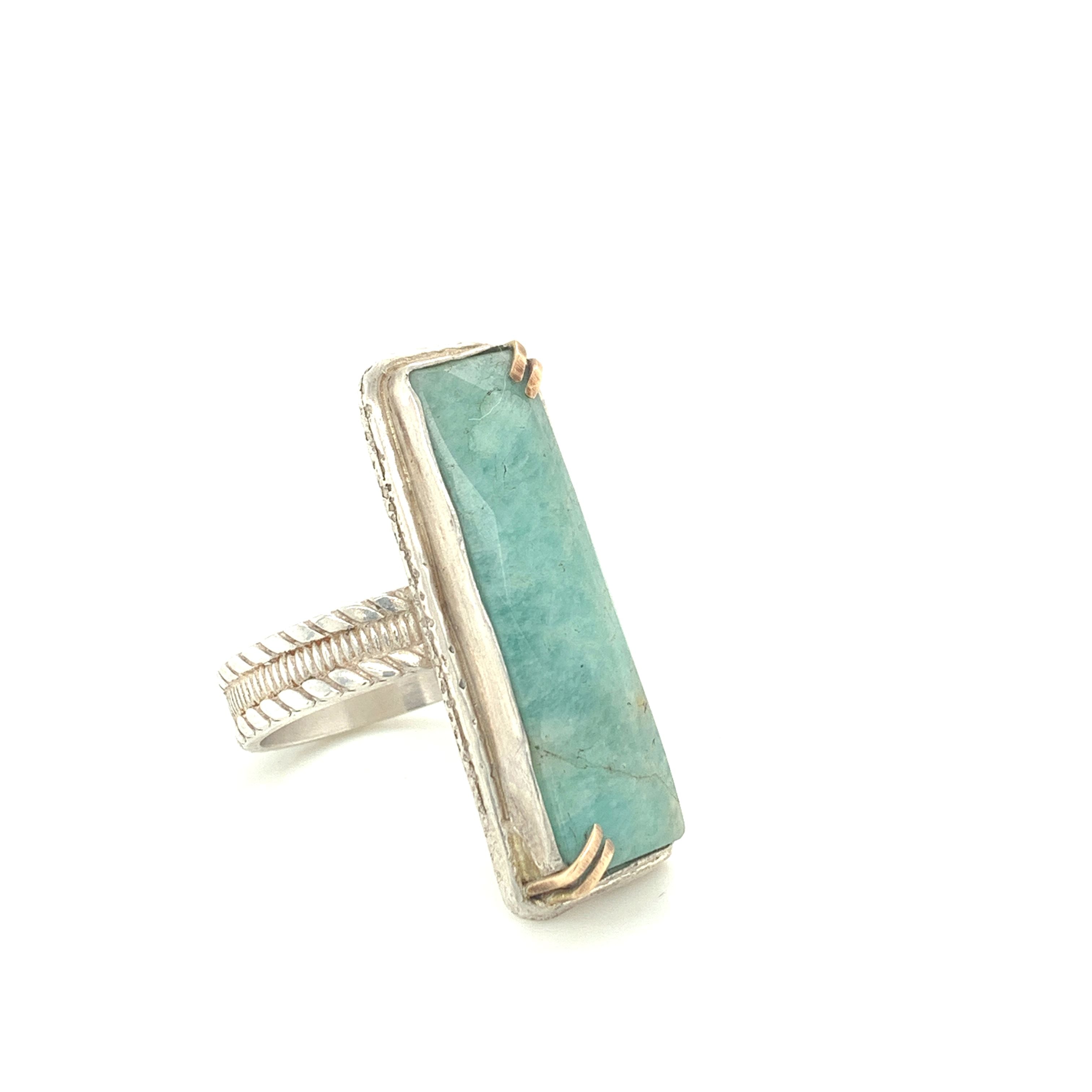 Faceted Amazonite rectangular Sterling Silver ring, green colored ring