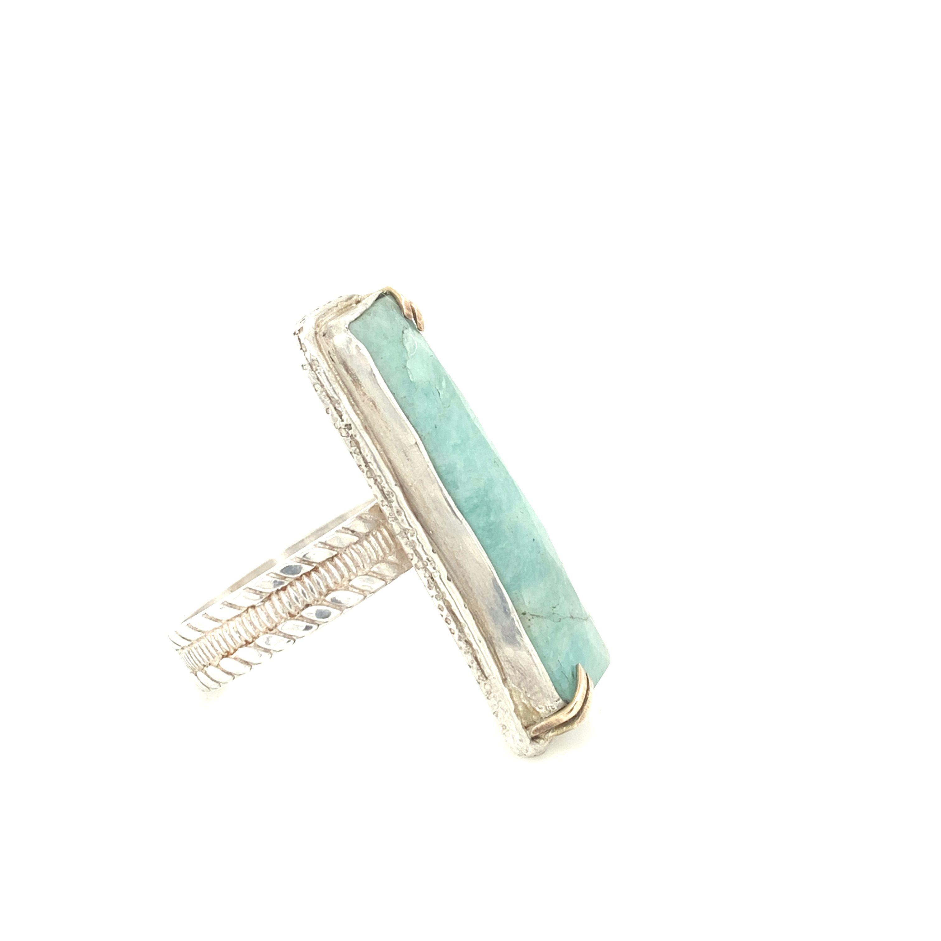 Faceted Amazonite rectangular Sterling Silver ring, green colored ring