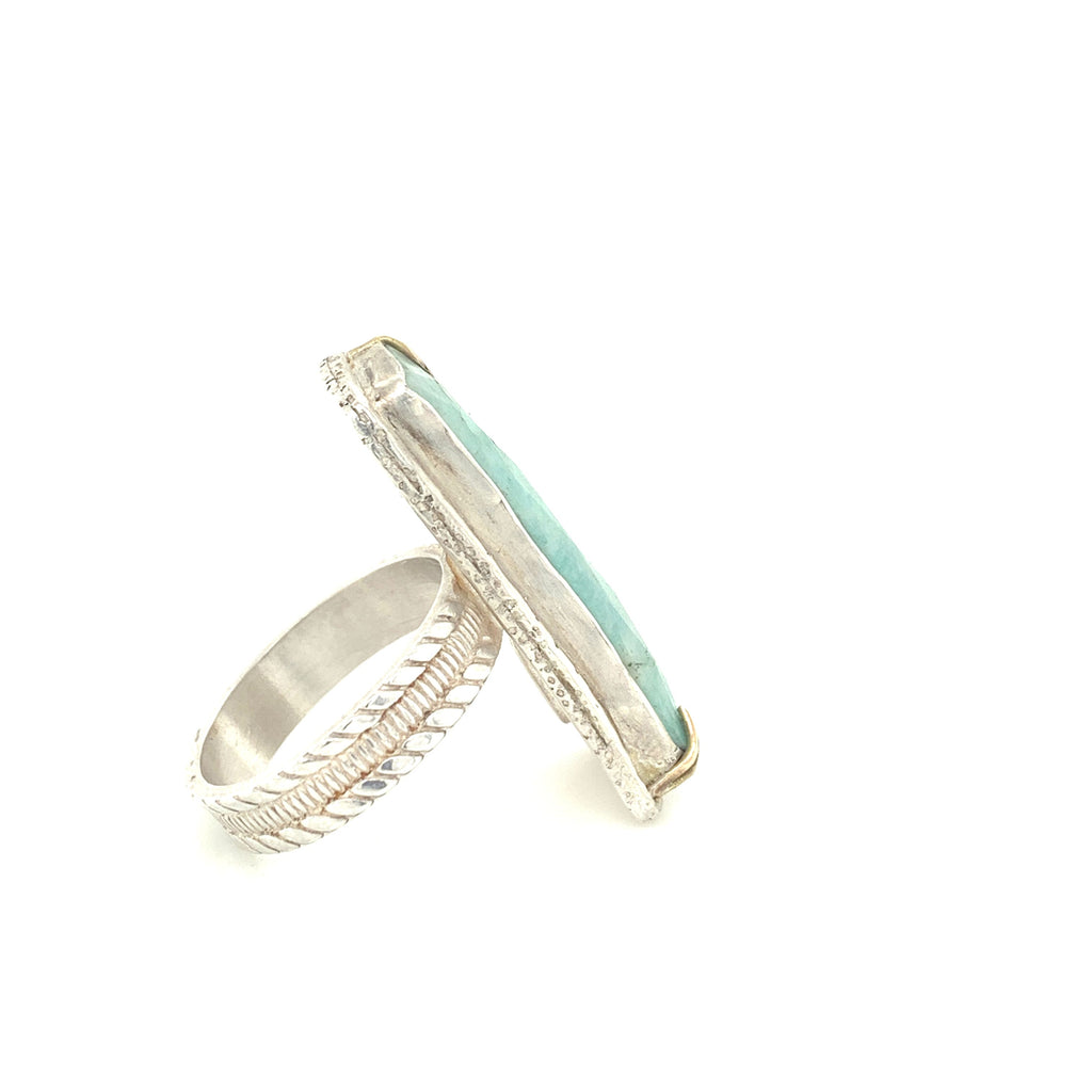 Faceted Amazonite rectangular Sterling Silver ring, green colored ring