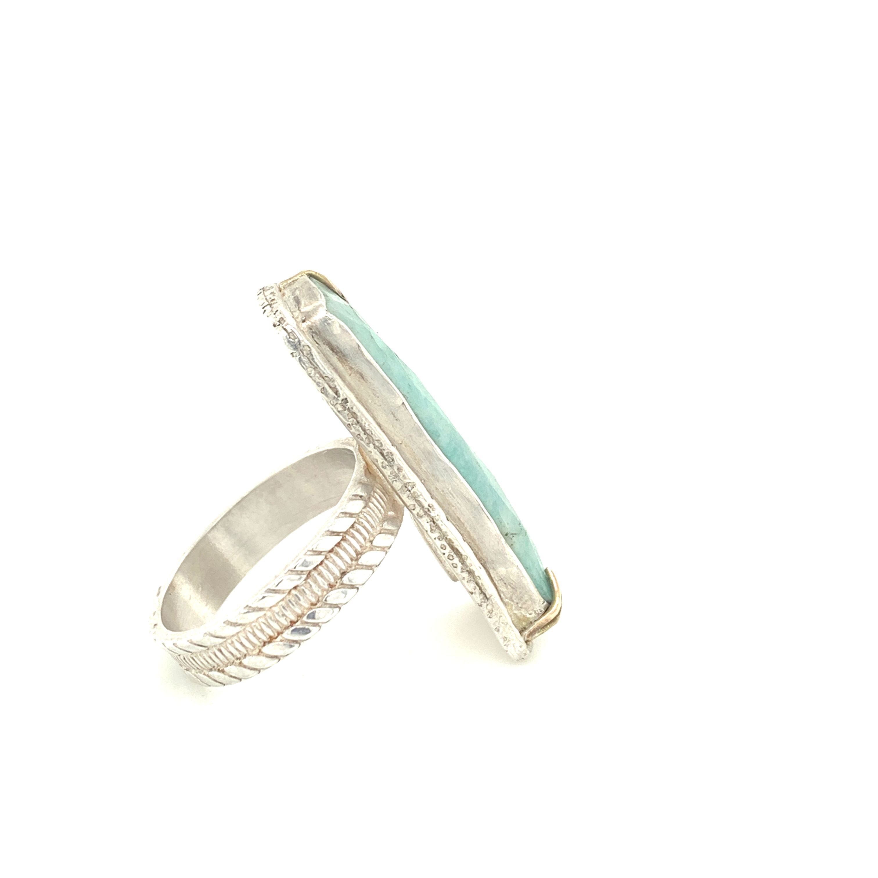 Faceted Amazonite rectangular Sterling Silver ring, green colored ring