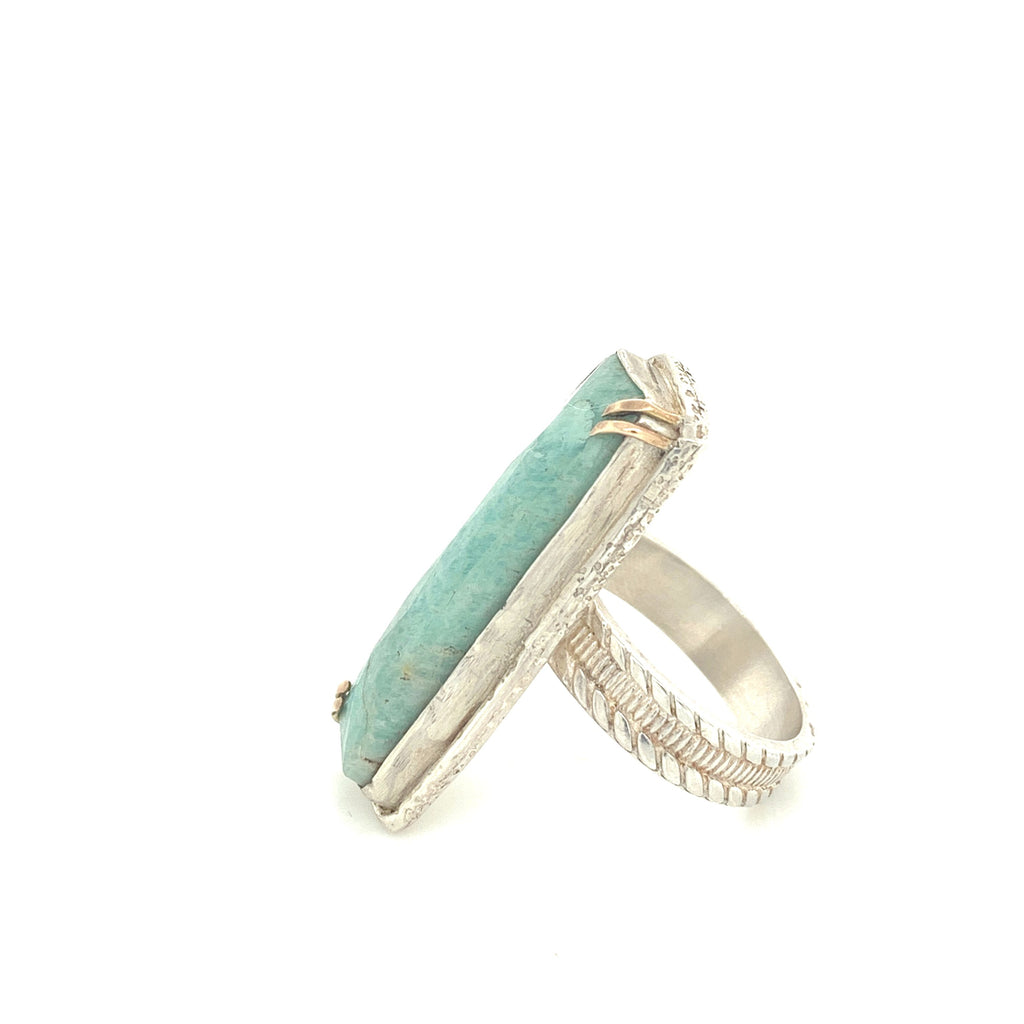 Faceted Amazonite rectangular Sterling Silver ring, green colored ring