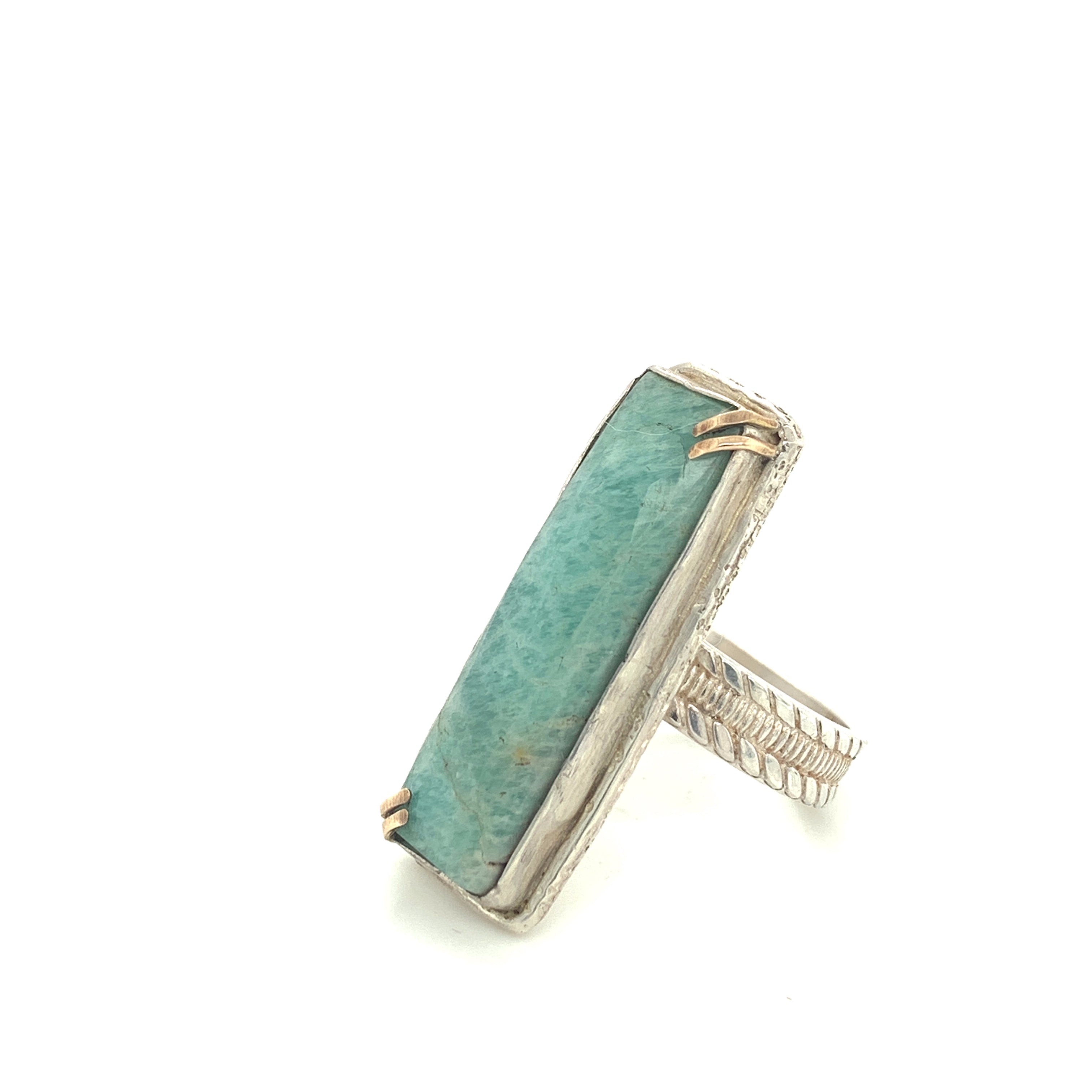 Faceted Amazonite rectangular Sterling Silver ring, green colored ring