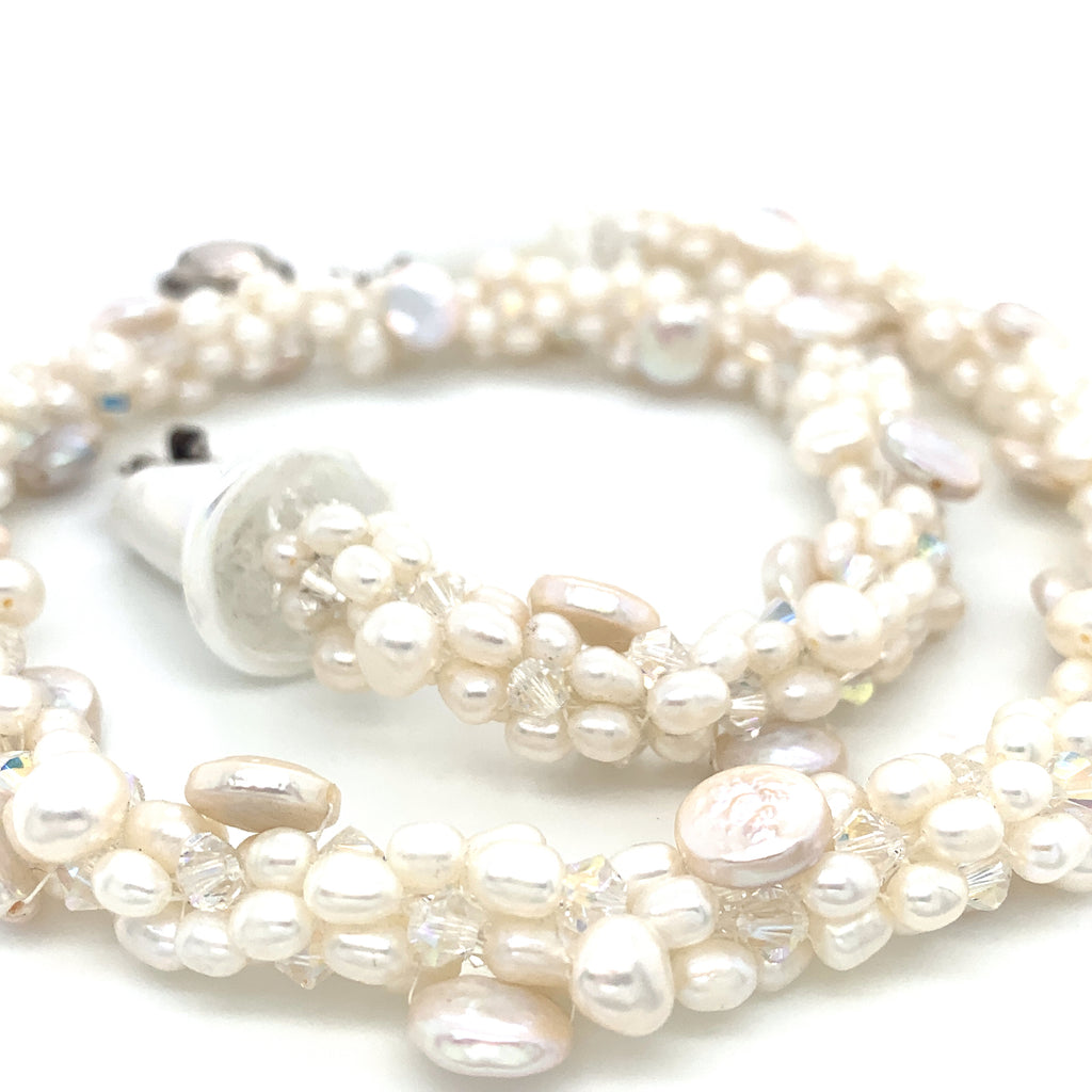 Freshwater White Pearl Crocheted Necklace with Lamp-work Glass