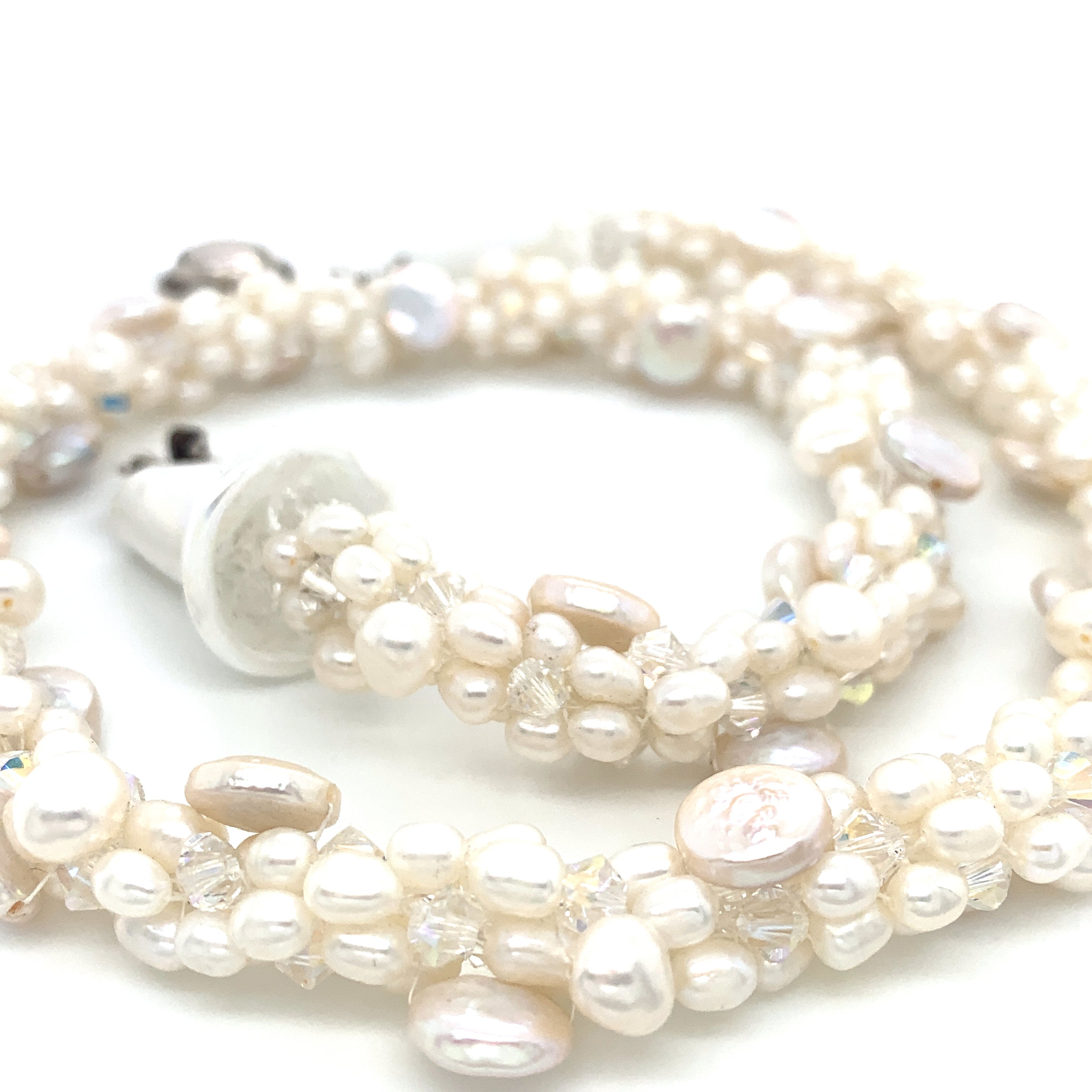 Freshwater White Pearl Crocheted Necklace with Lamp-work Glass