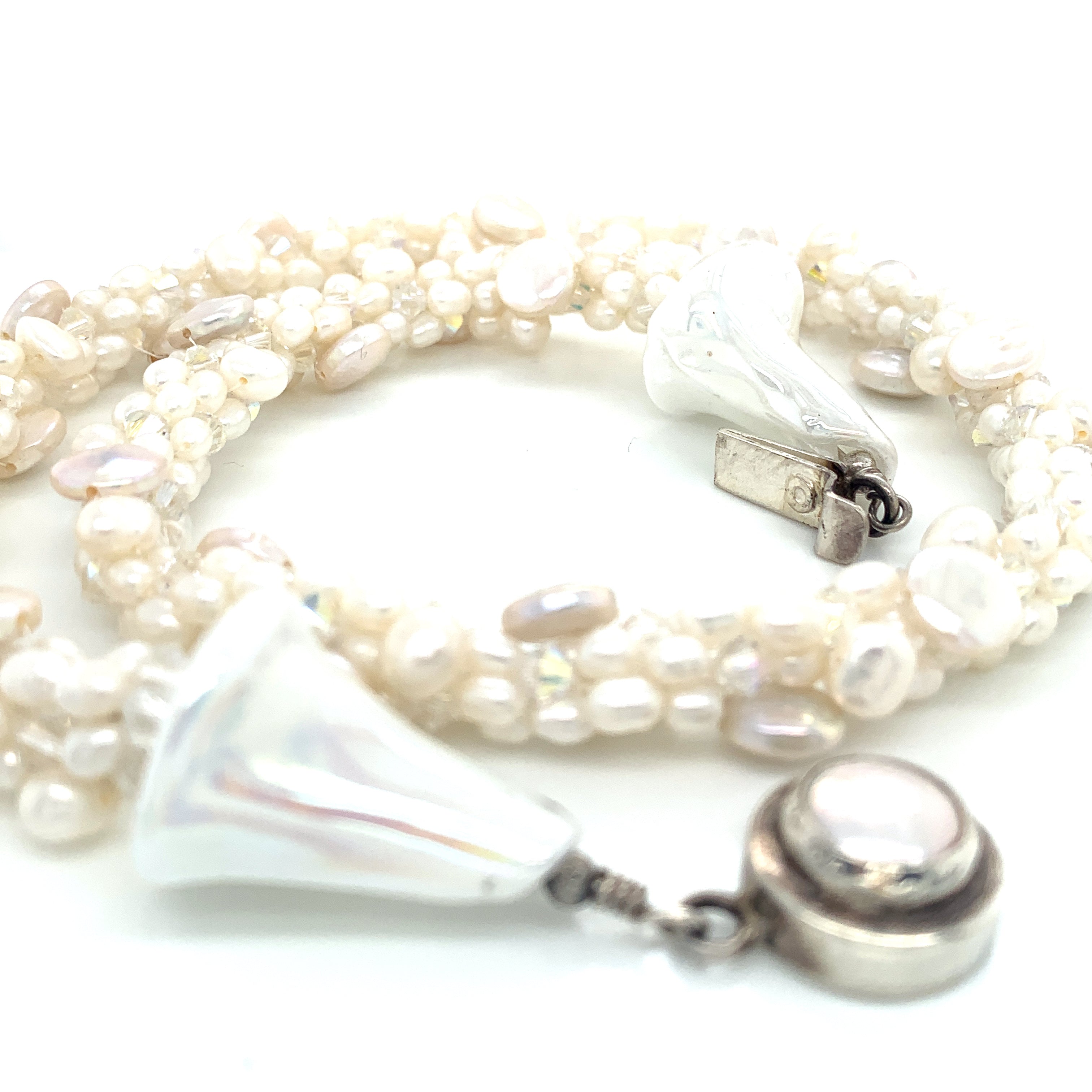 Freshwater White Pearl Crocheted Necklace with Lamp-work Glass