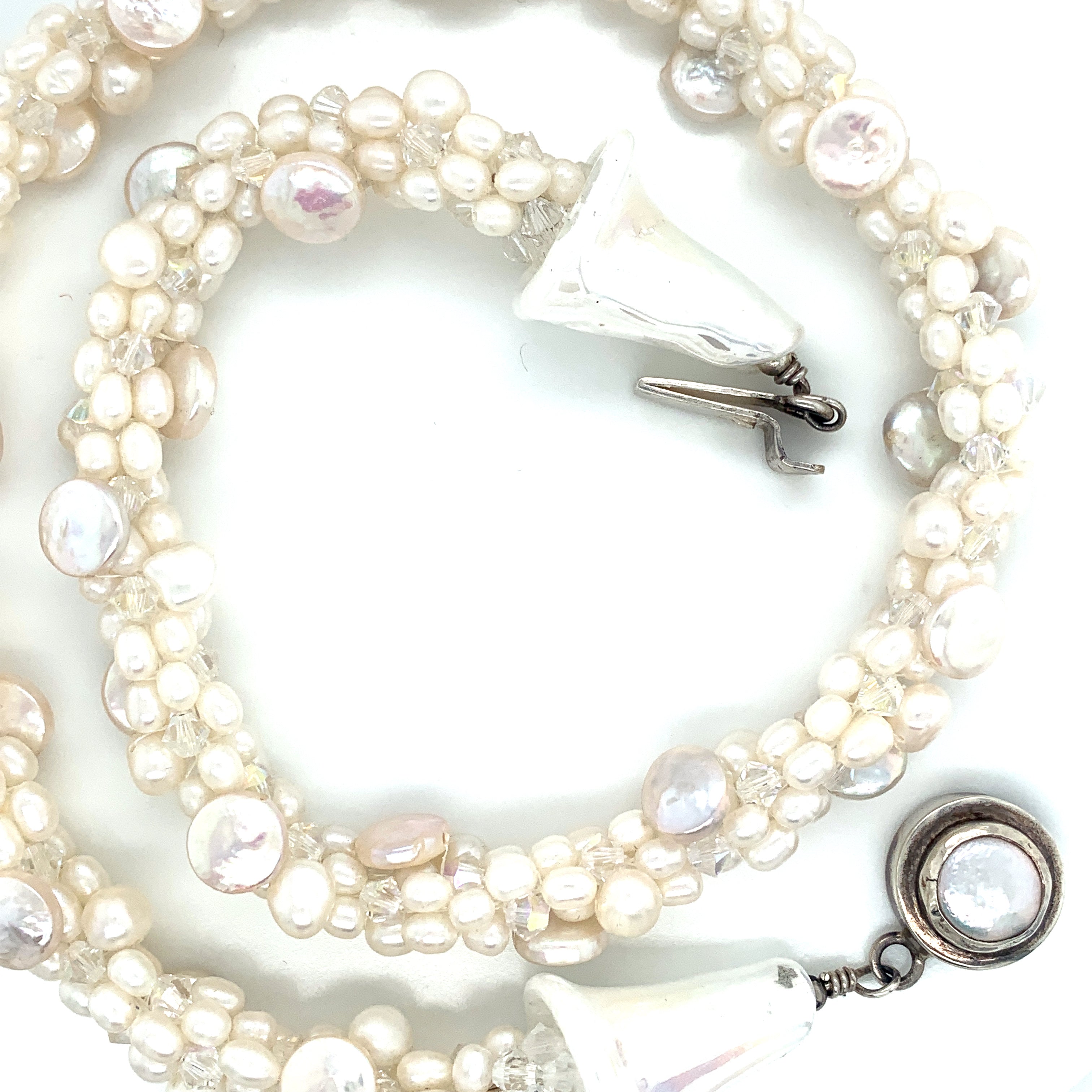 Freshwater White Pearl Crocheted Necklace with Lamp-work Glass