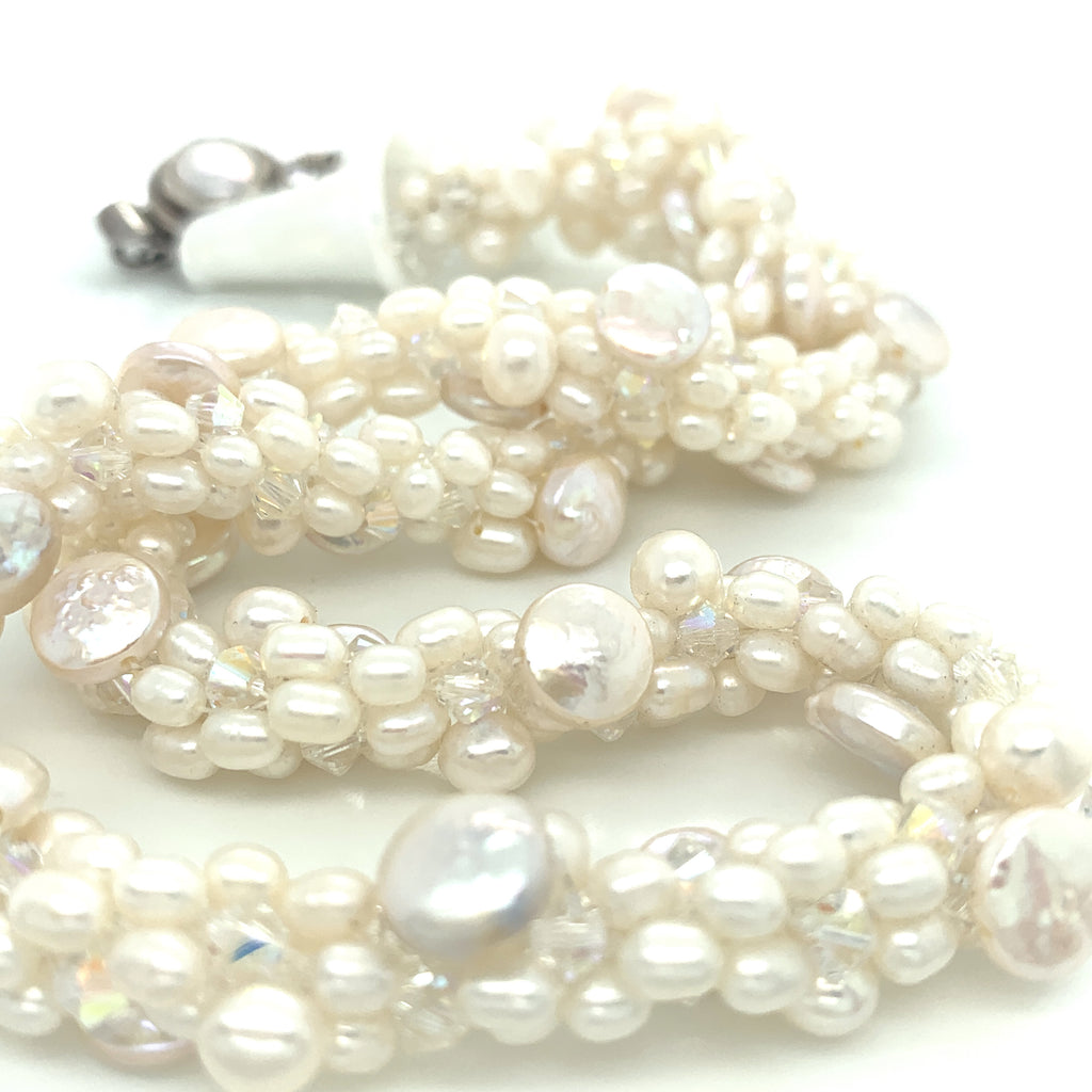 Freshwater White Pearl Crocheted Necklace with Lamp-work Glass