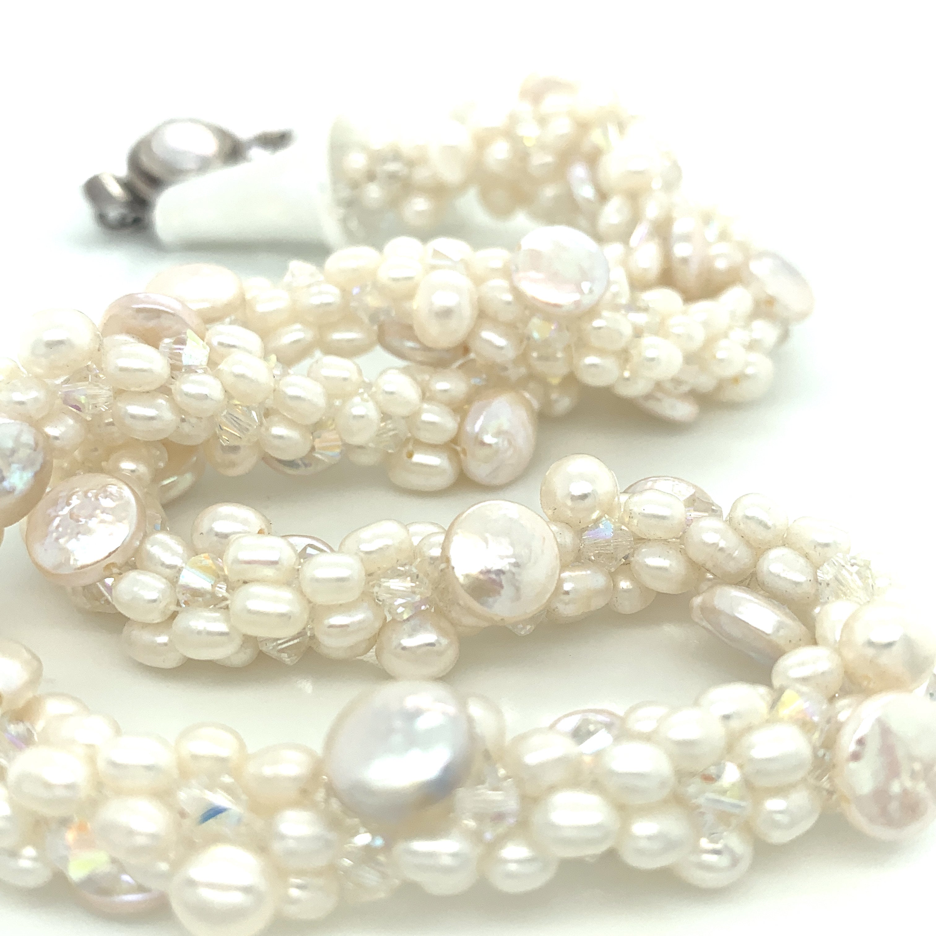 Freshwater White Pearl Crocheted Necklace with Lamp-work Glass