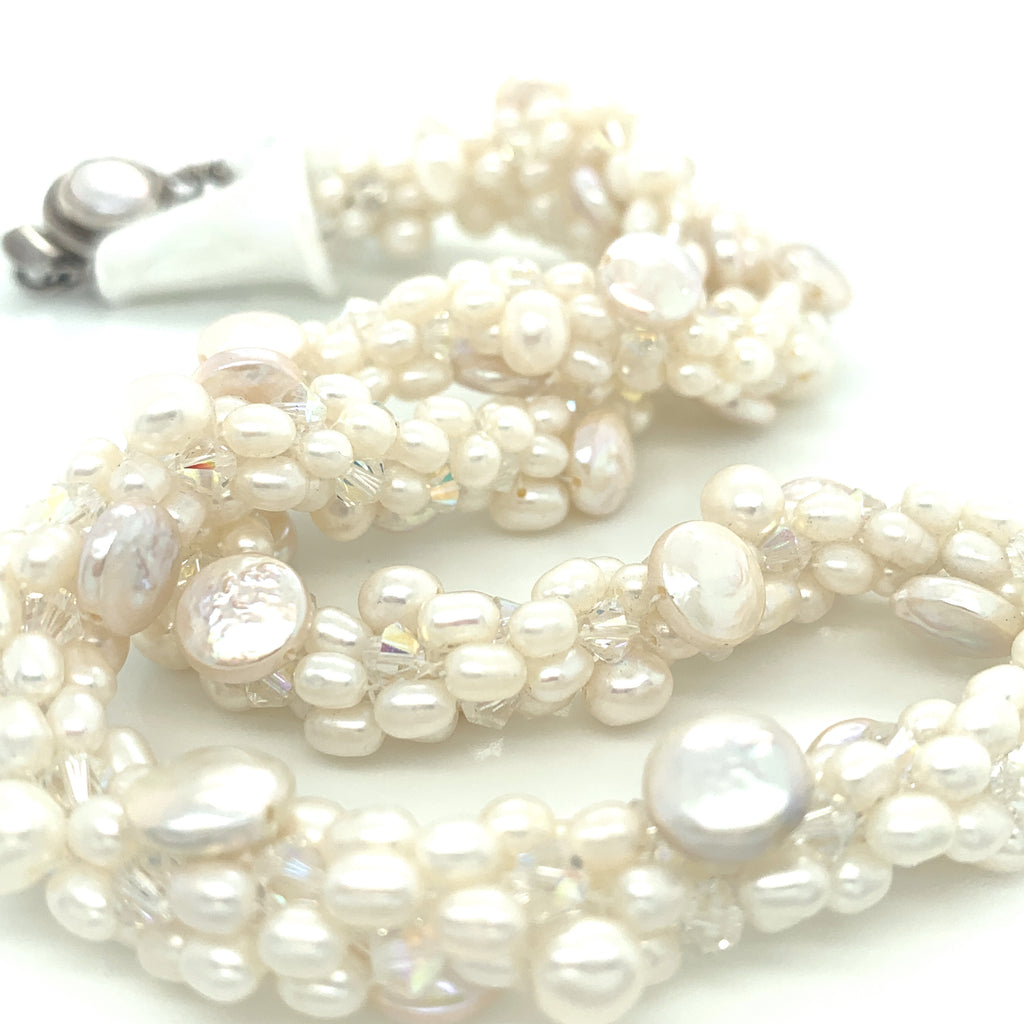 Freshwater White Pearl Crocheted Necklace with Lamp-work Glass