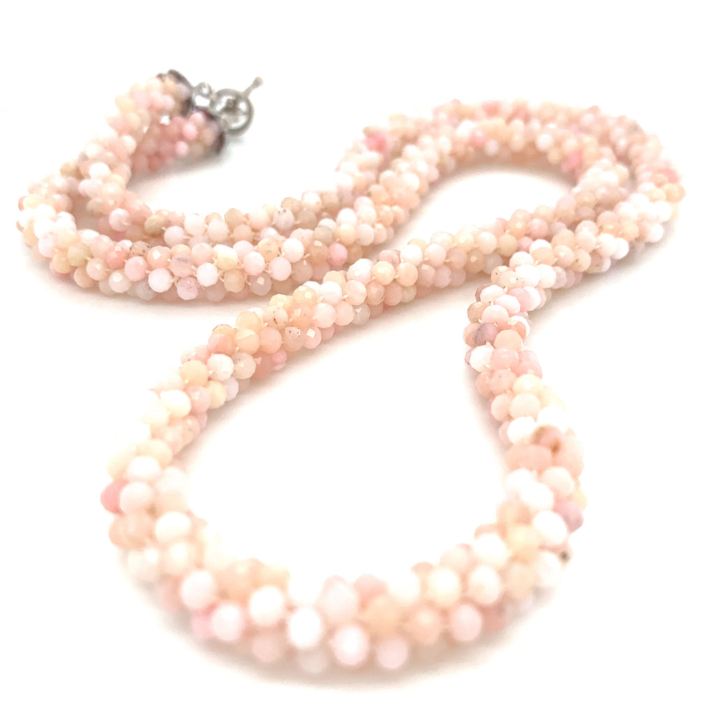 Bulgarian Crochet Pink Opal Bracelet with Sterling Silver Toggle | Handcrafted