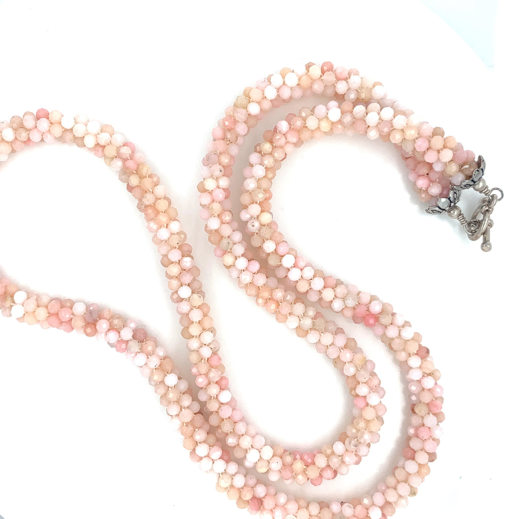 Bulgarian Crochet Pink Opal Bracelet with Sterling Silver Toggle | Handcrafted
