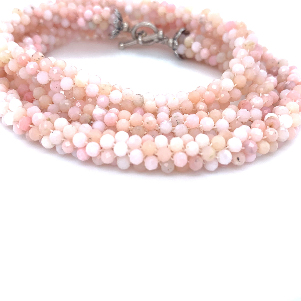 Bulgarian Crochet Pink Opal Bracelet with Sterling Silver Toggle | Handcrafted