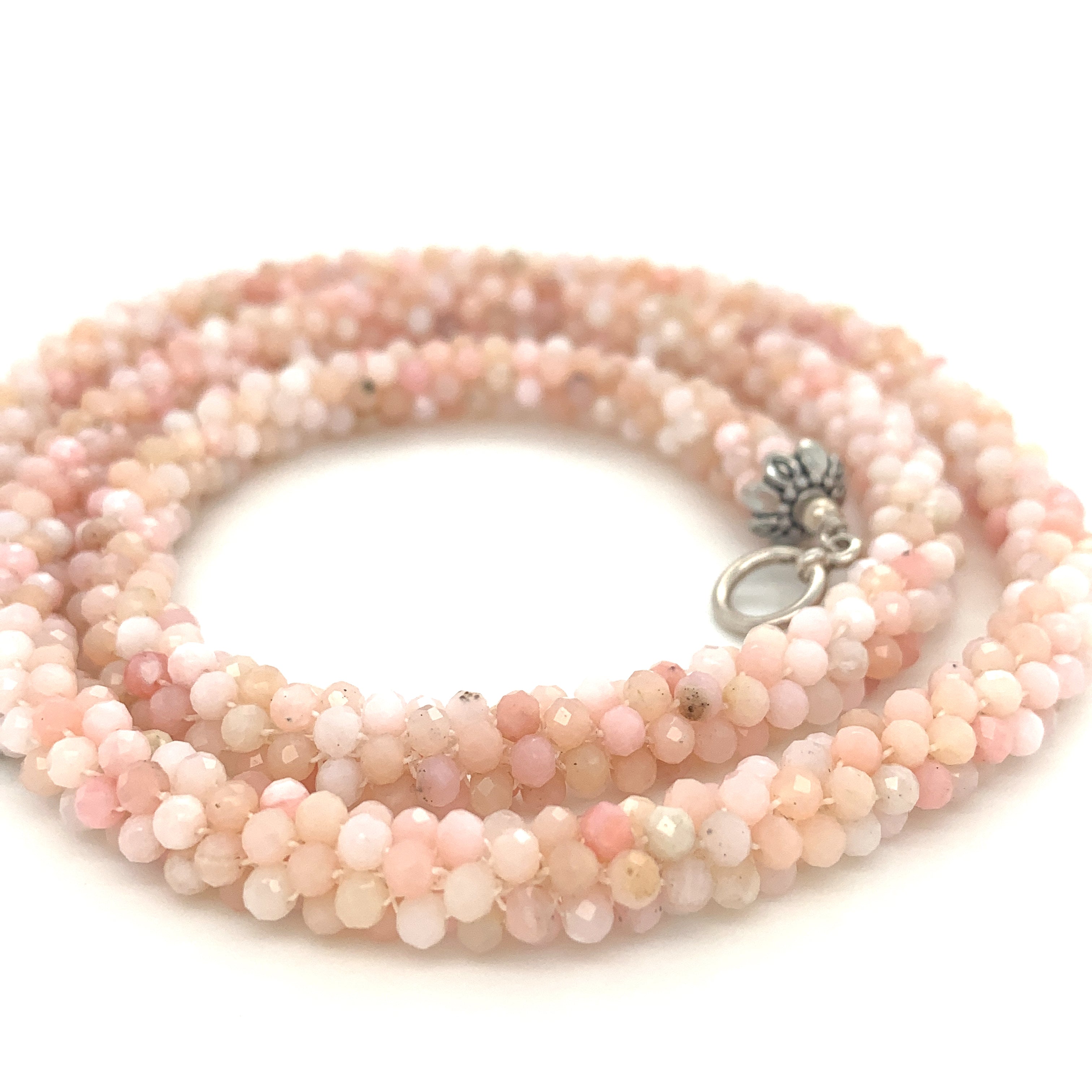 Bulgarian Crochet Pink Opal Bracelet with Sterling Silver Toggle | Handcrafted