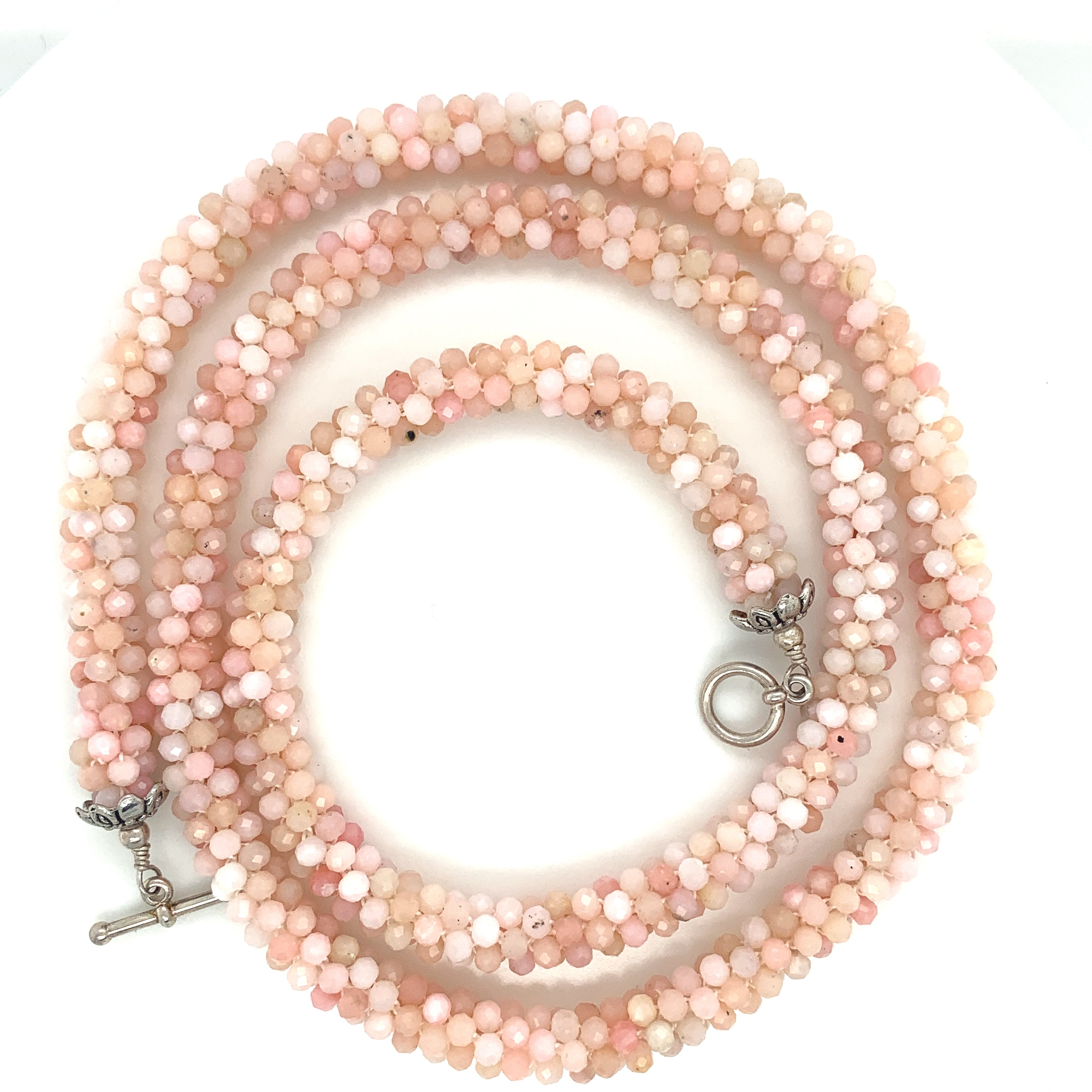 Bulgarian Crochet Pink Opal Bracelet with Sterling Silver Toggle | Handcrafted