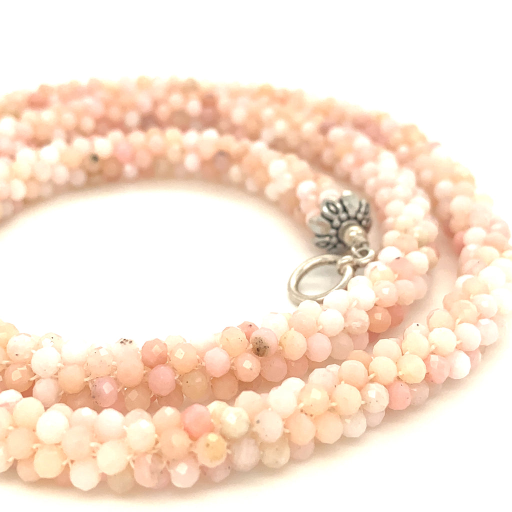 Bulgarian Crochet Pink Opal Bracelet with Sterling Silver Toggle | Handcrafted