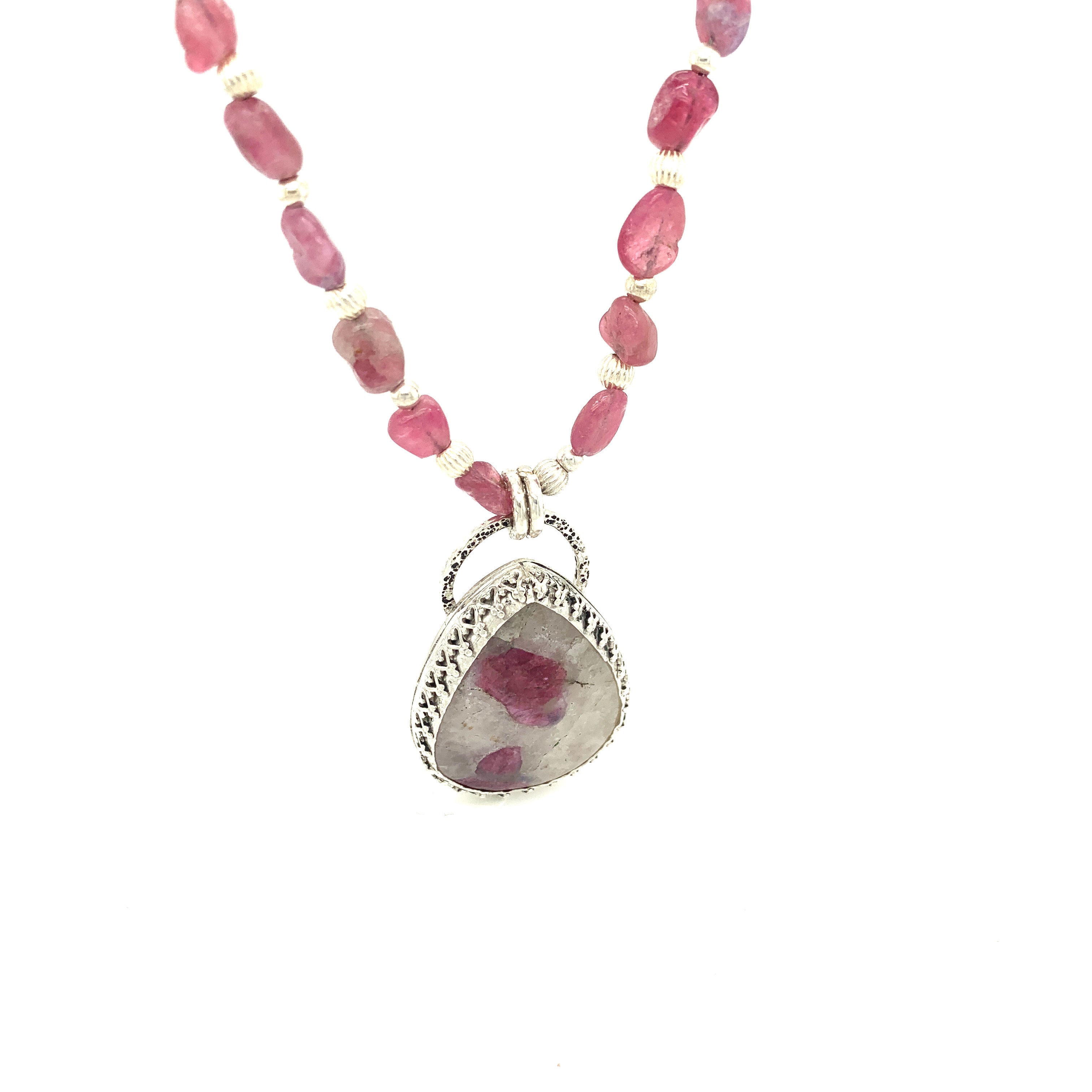 Namibian tourmaline in white quartz pendant neclace with Sterling Silver setting