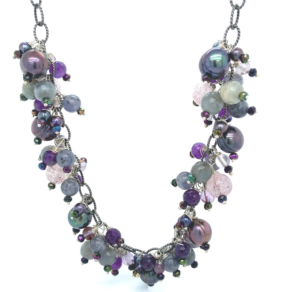 Semi Precious Gemstone Chain Necklace, Sterling Silver Oxidized chain necklace