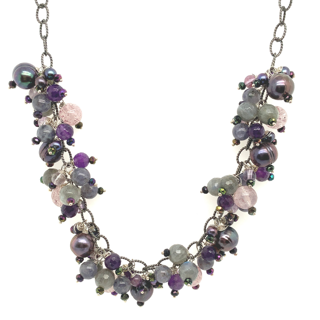 Semi Precious Gemstone Chain Necklace, Sterling Silver Oxidized chain necklace
