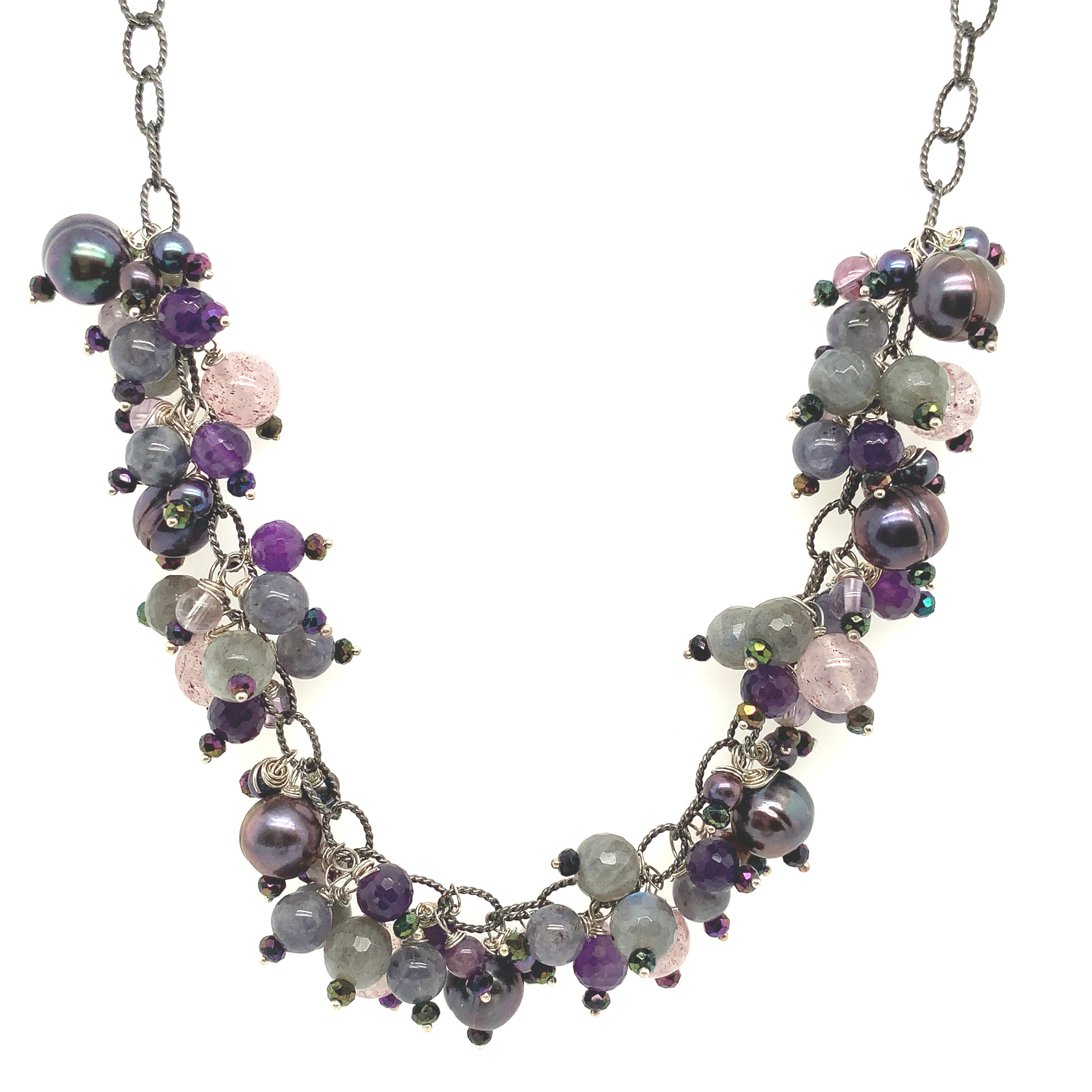 Semi Precious Gemstone Chain Necklace, Sterling Silver Oxidized chain necklace
