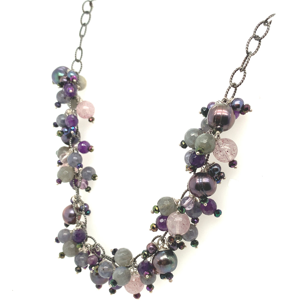 Semi Precious Gemstone Chain Necklace, Sterling Silver Oxidized chain necklace