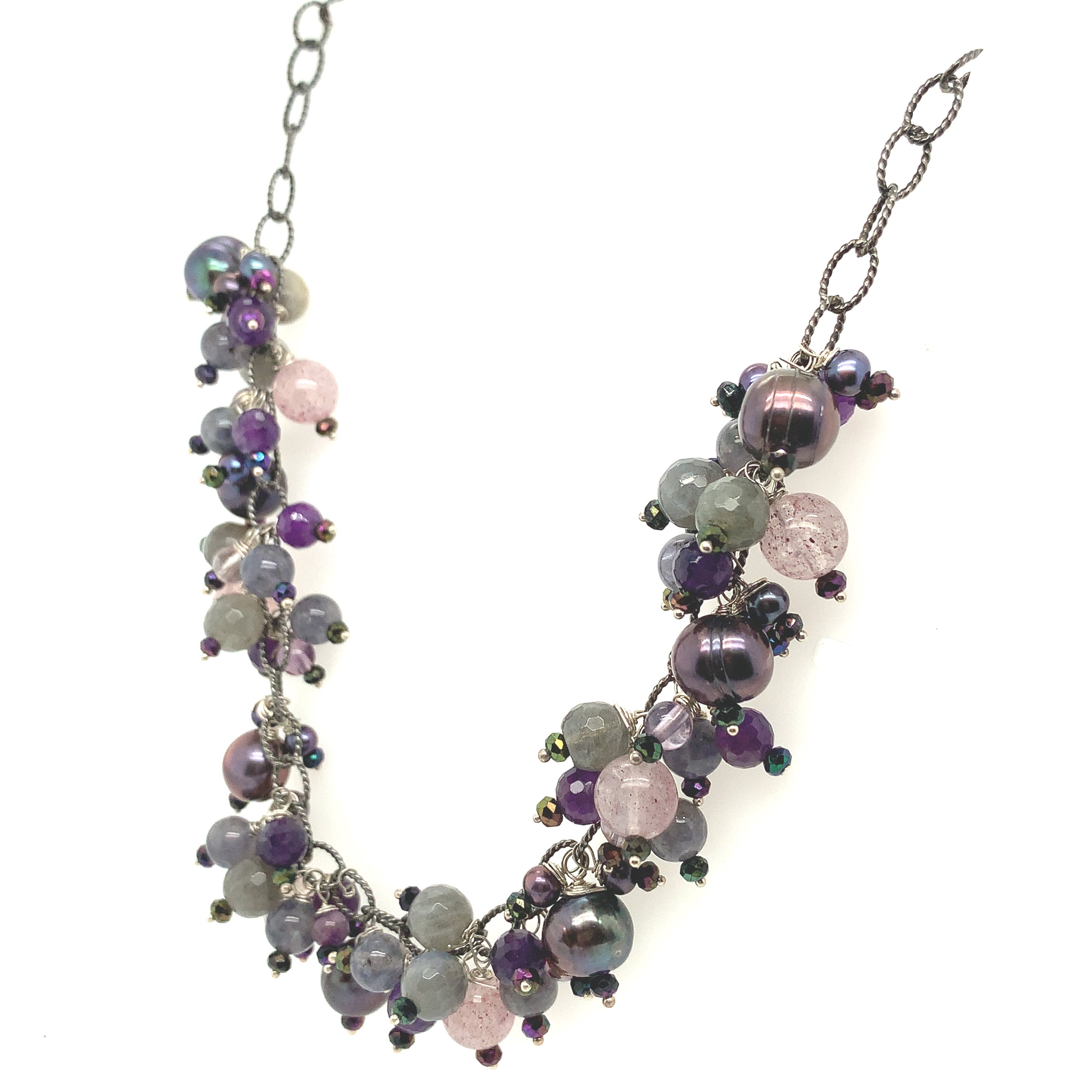 Semi Precious Gemstone Chain Necklace, Sterling Silver Oxidized chain necklace