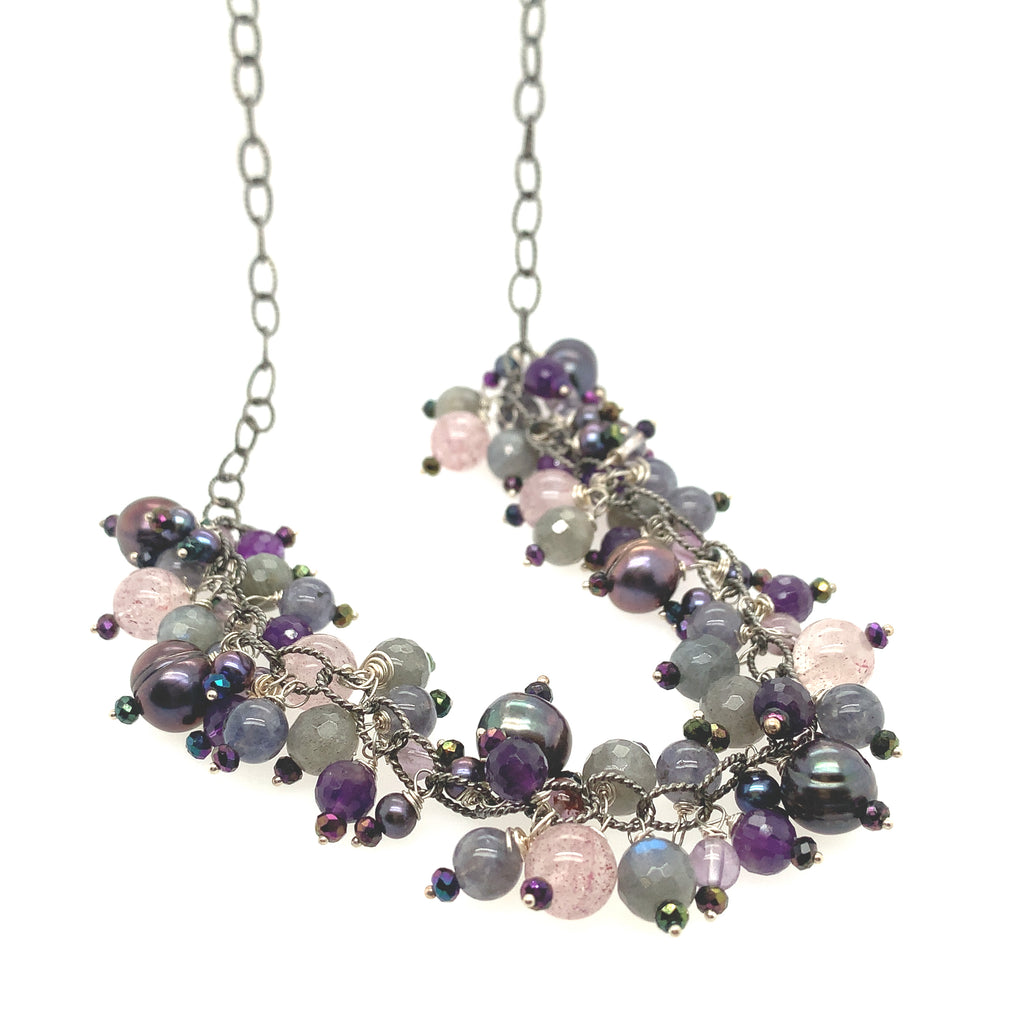 Semi Precious Gemstone Chain Necklace, Sterling Silver Oxidized chain necklace