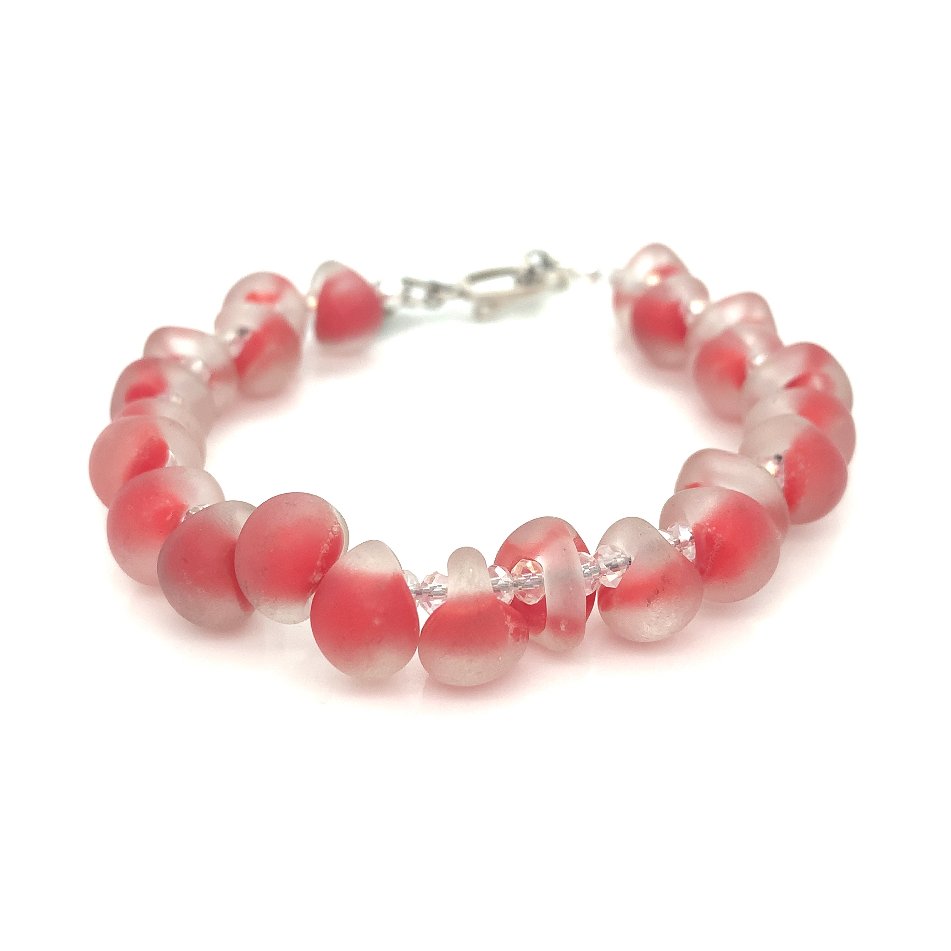 Red Lampwork Glass & Crystal Bracelet, blown glass, size 6.5''
