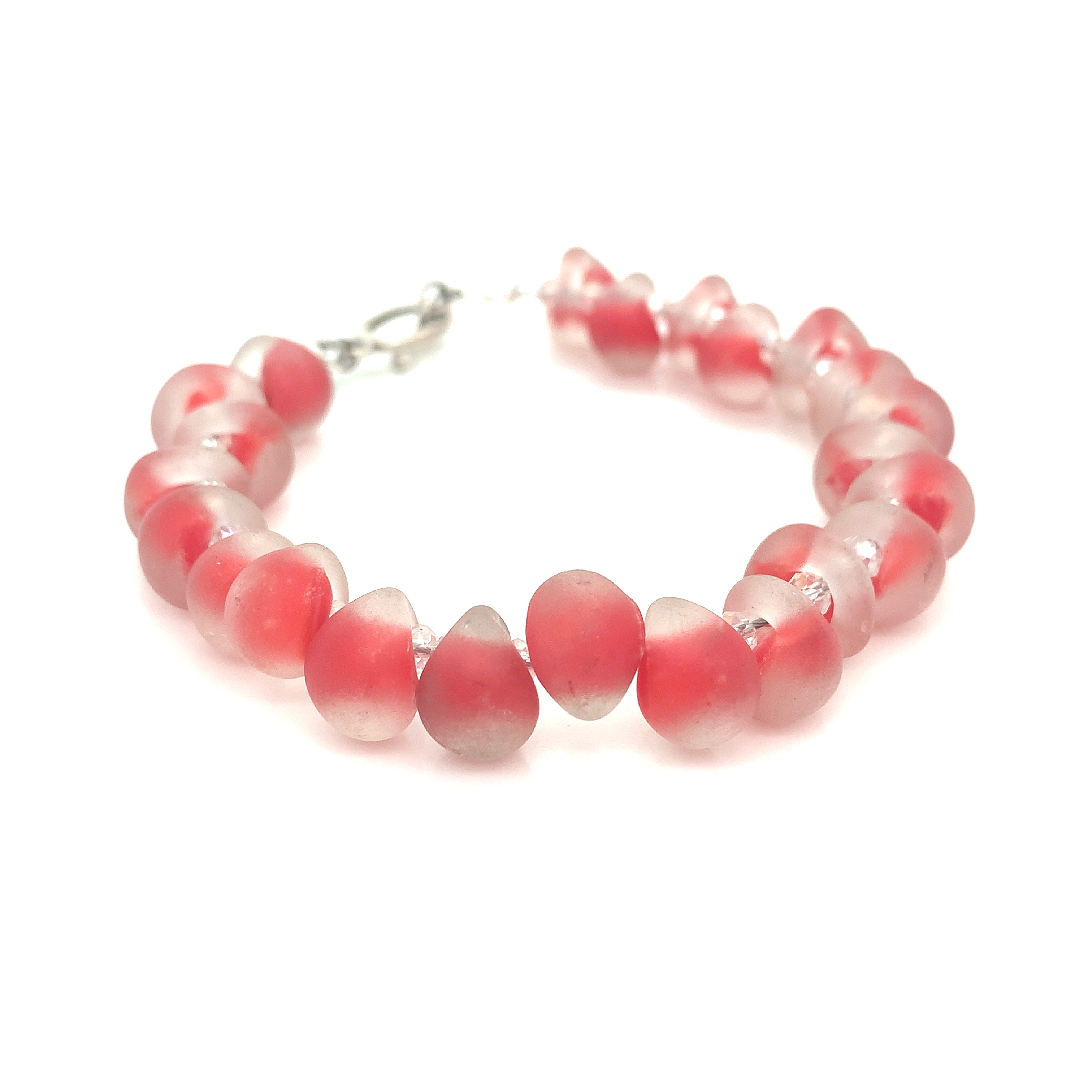 Red Lampwork Glass & Crystal Bracelet, blown glass, size 6.5''