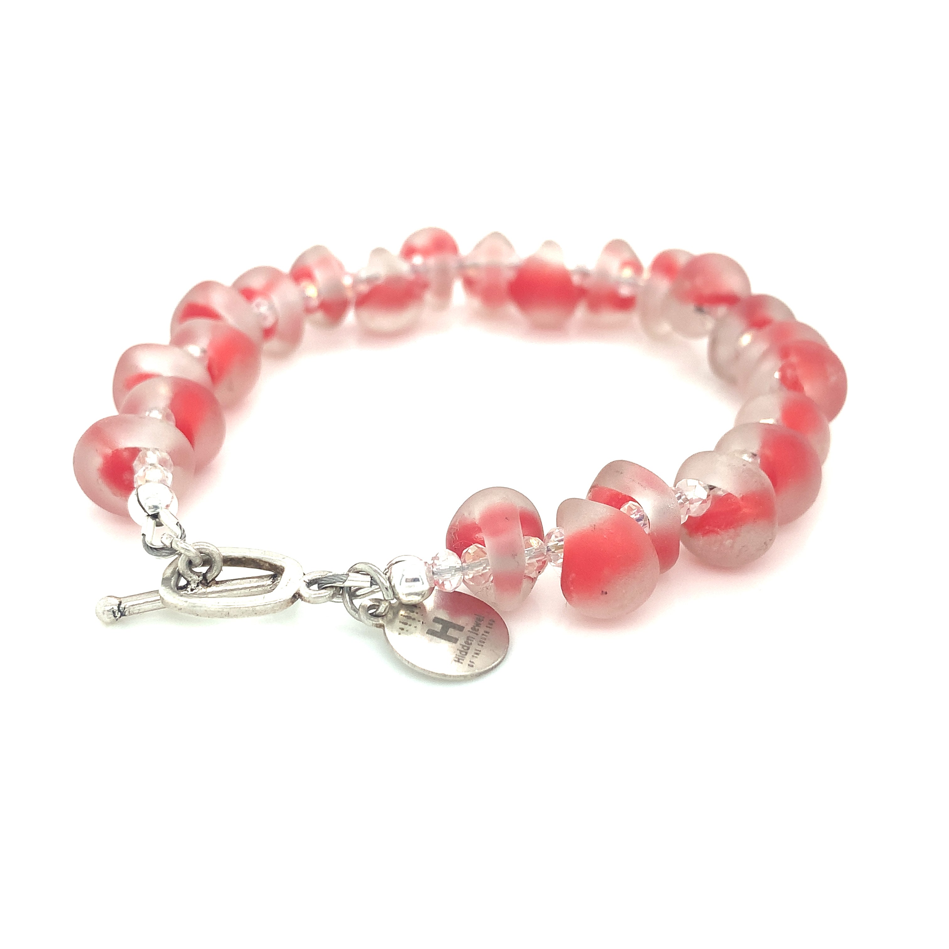 Red Lampwork Glass & Crystal Bracelet, blown glass, size 6.5''