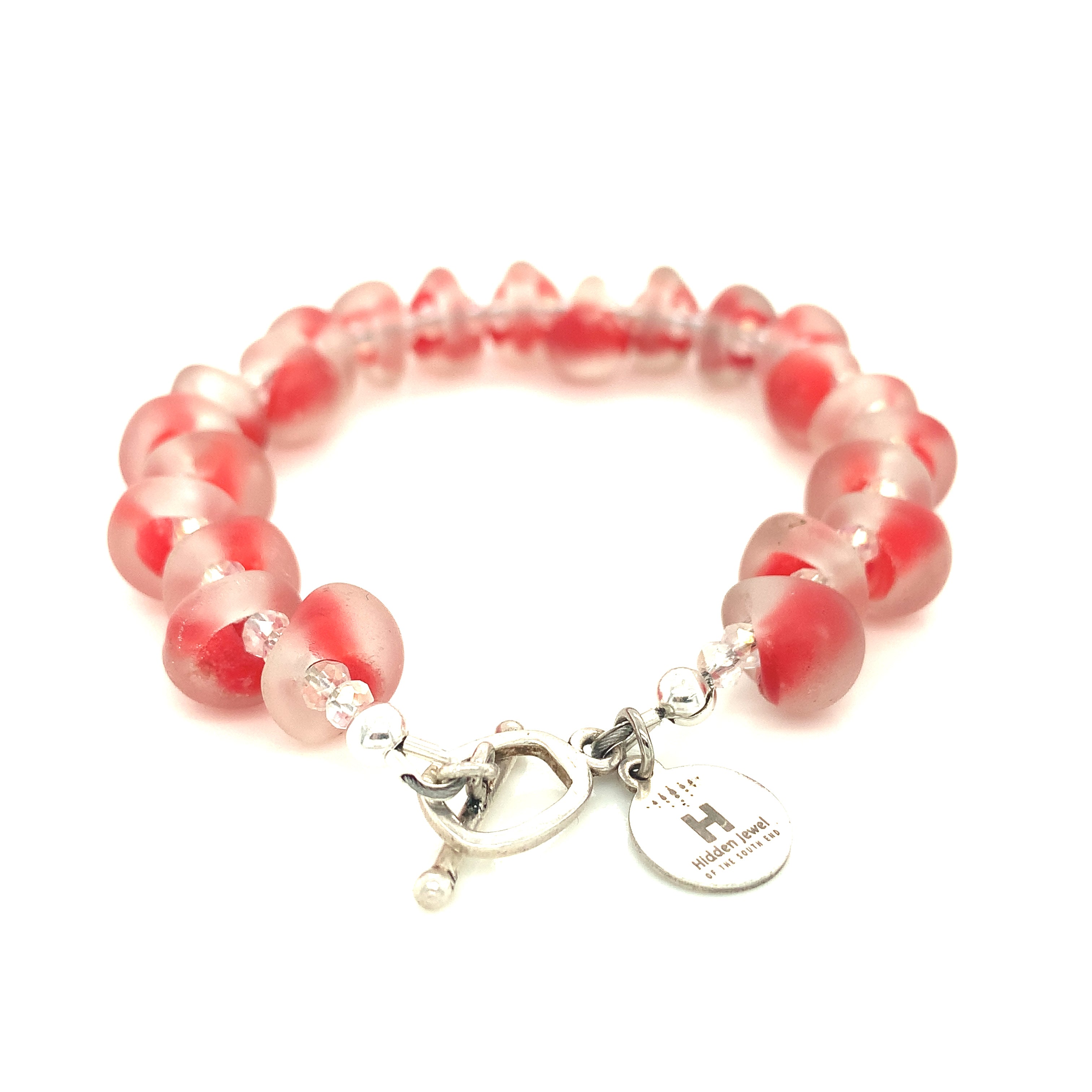 Red Lampwork Glass & Crystal Bracelet, blown glass, size 6.5''