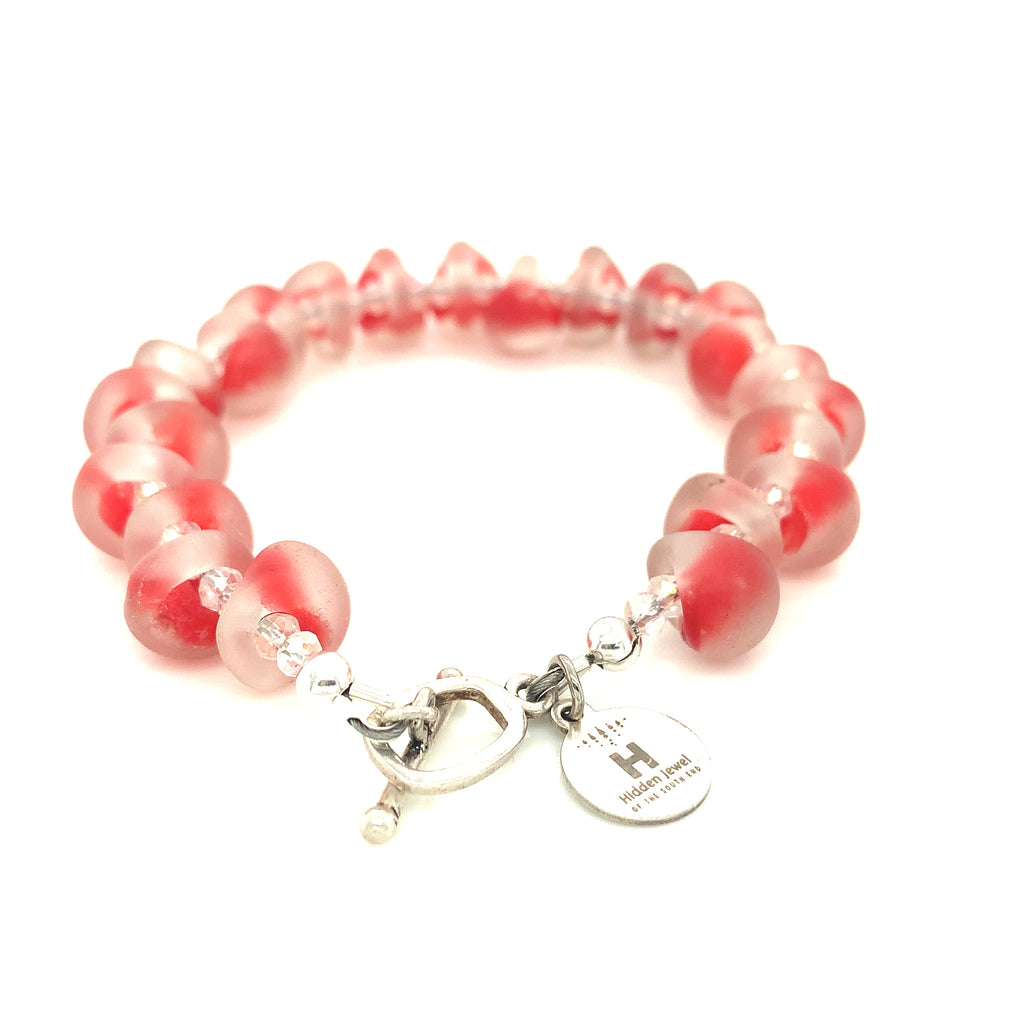 Red Lampwork Glass & Crystal Bracelet, blown glass, size 6.5''
