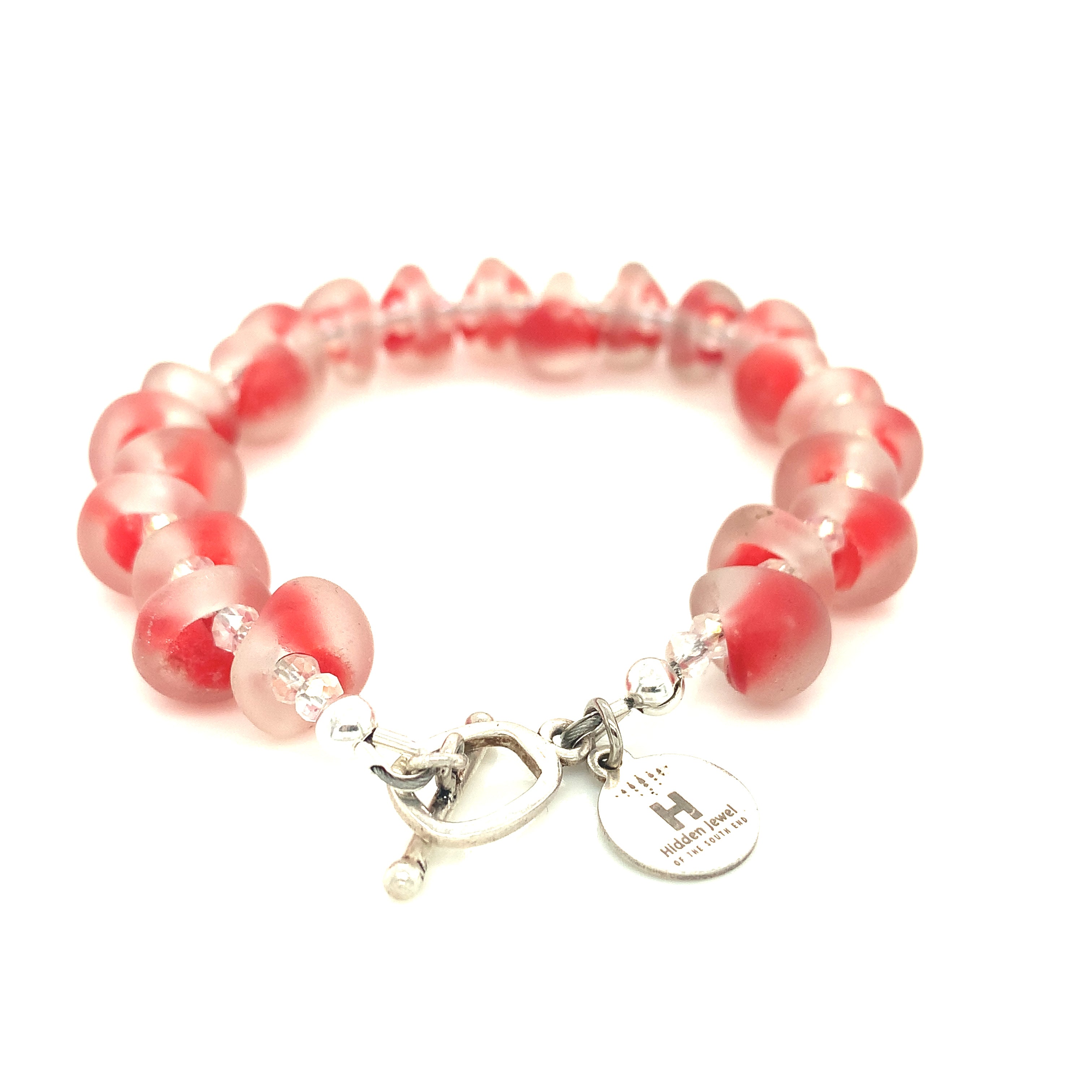 Red Lampwork Glass & Crystal Bracelet, blown glass, size 6.5''