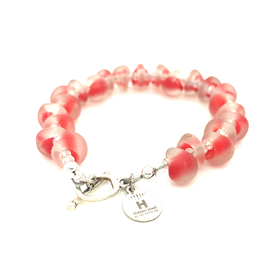 Red Lampwork Glass & Crystal Bracelet, blown glass, size 6.5''