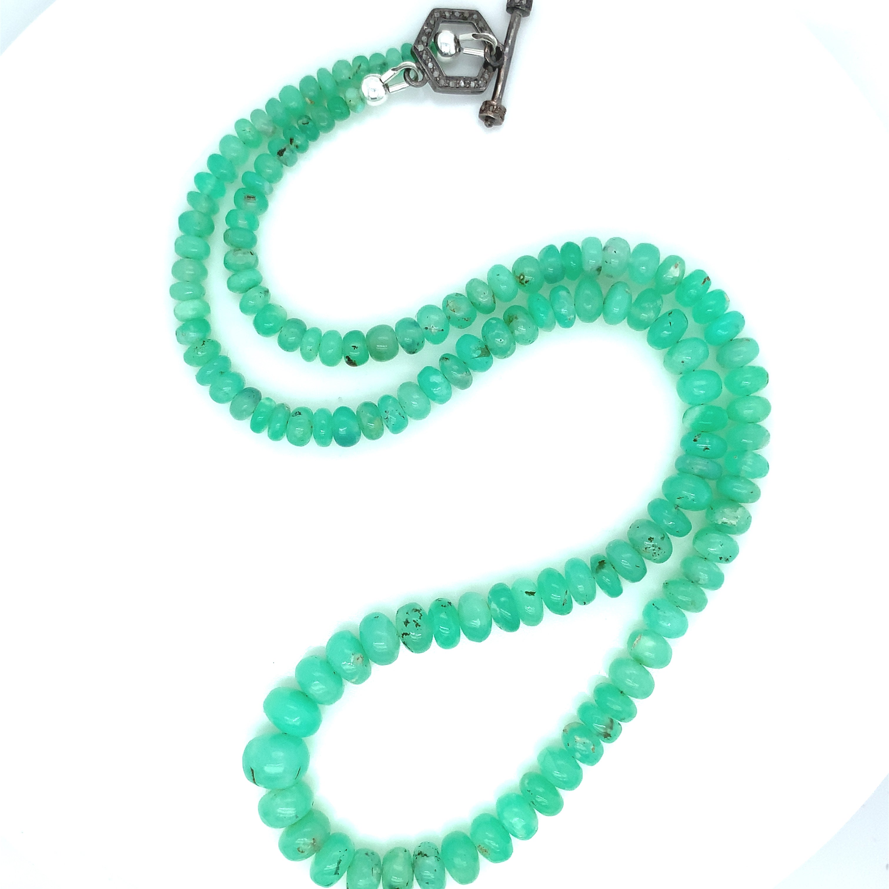 Genuine Chrysoprase Beaded Gemstone Necklace with Paved Diamond Toggle