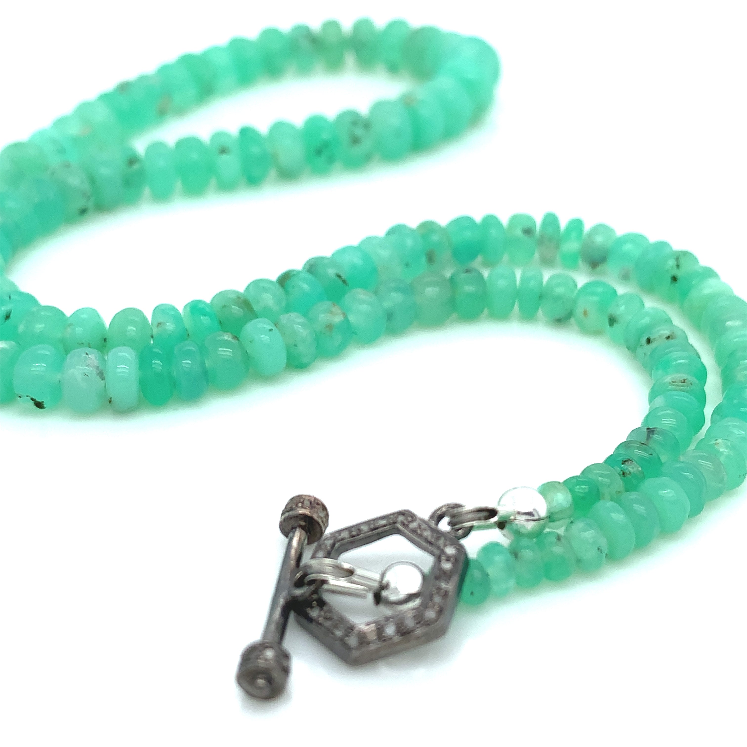 Genuine Chrysoprase Beaded Gemstone Necklace with Paved Diamond Toggle