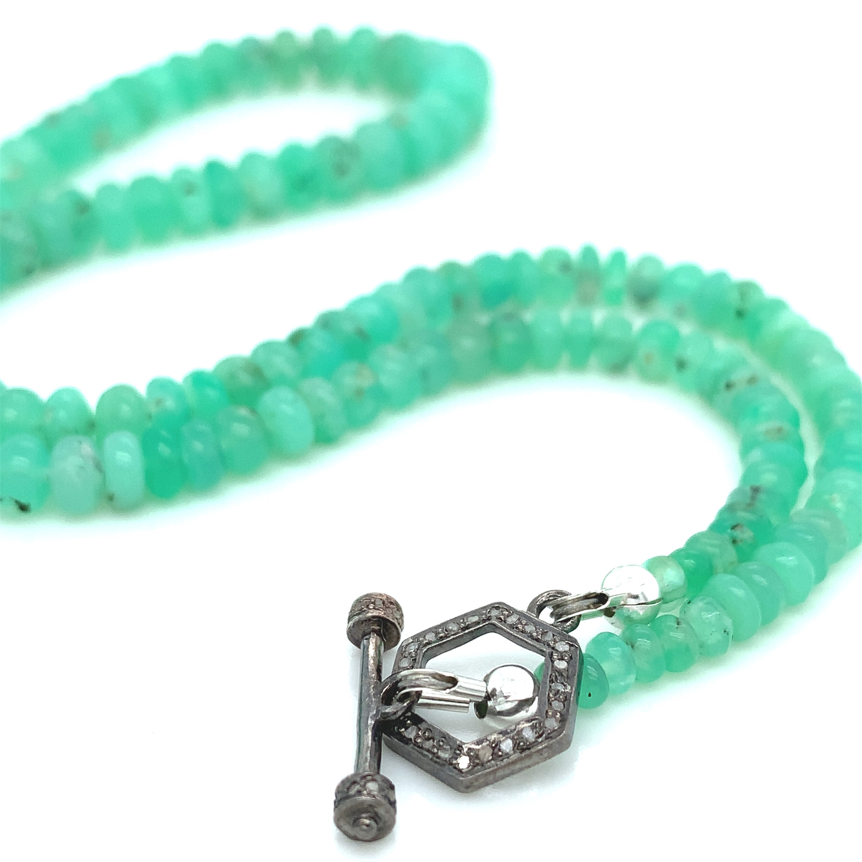 Genuine Chrysoprase Beaded Gemstone Necklace with Paved Diamond Toggle