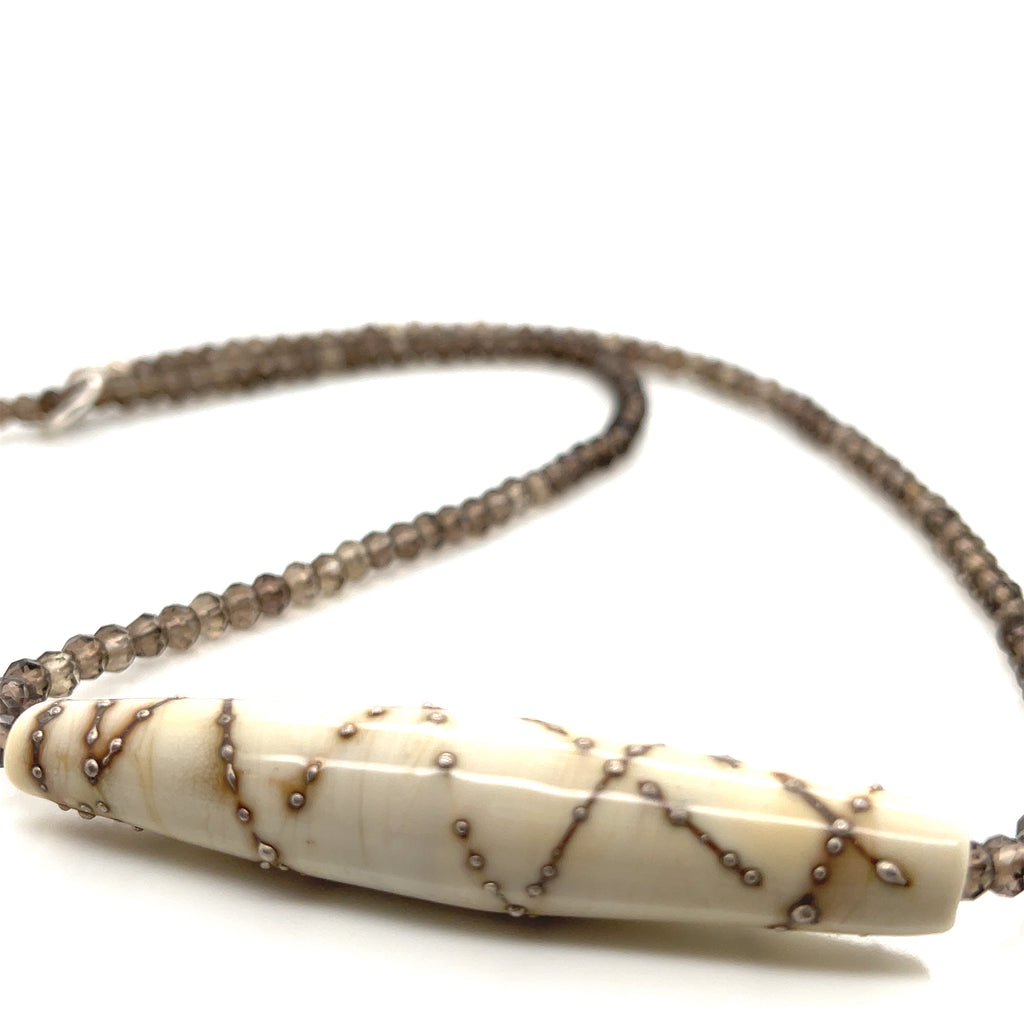 Single strand faceted Smokey Quartz Necklace with Lamp-work Glass centerpiece