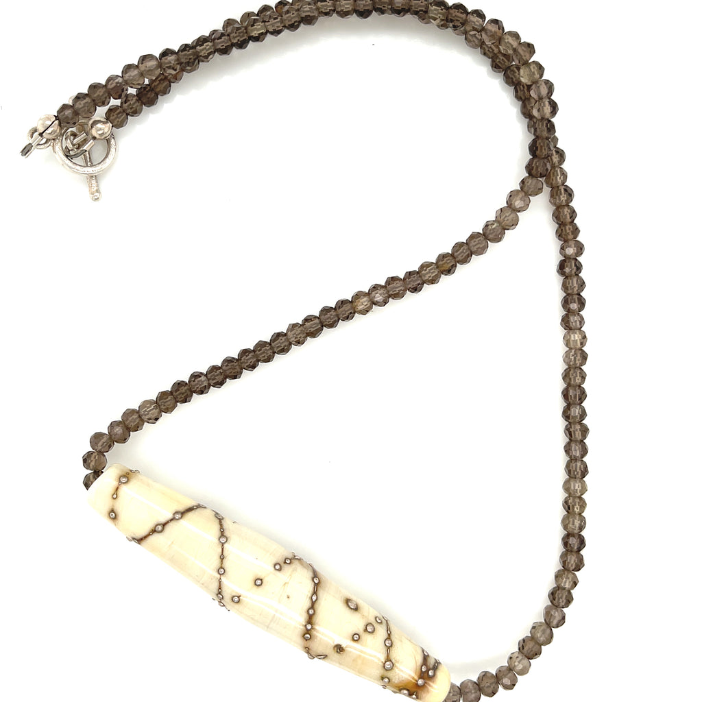 Single strand faceted Smokey Quartz Necklace with Lamp-work Glass centerpiece