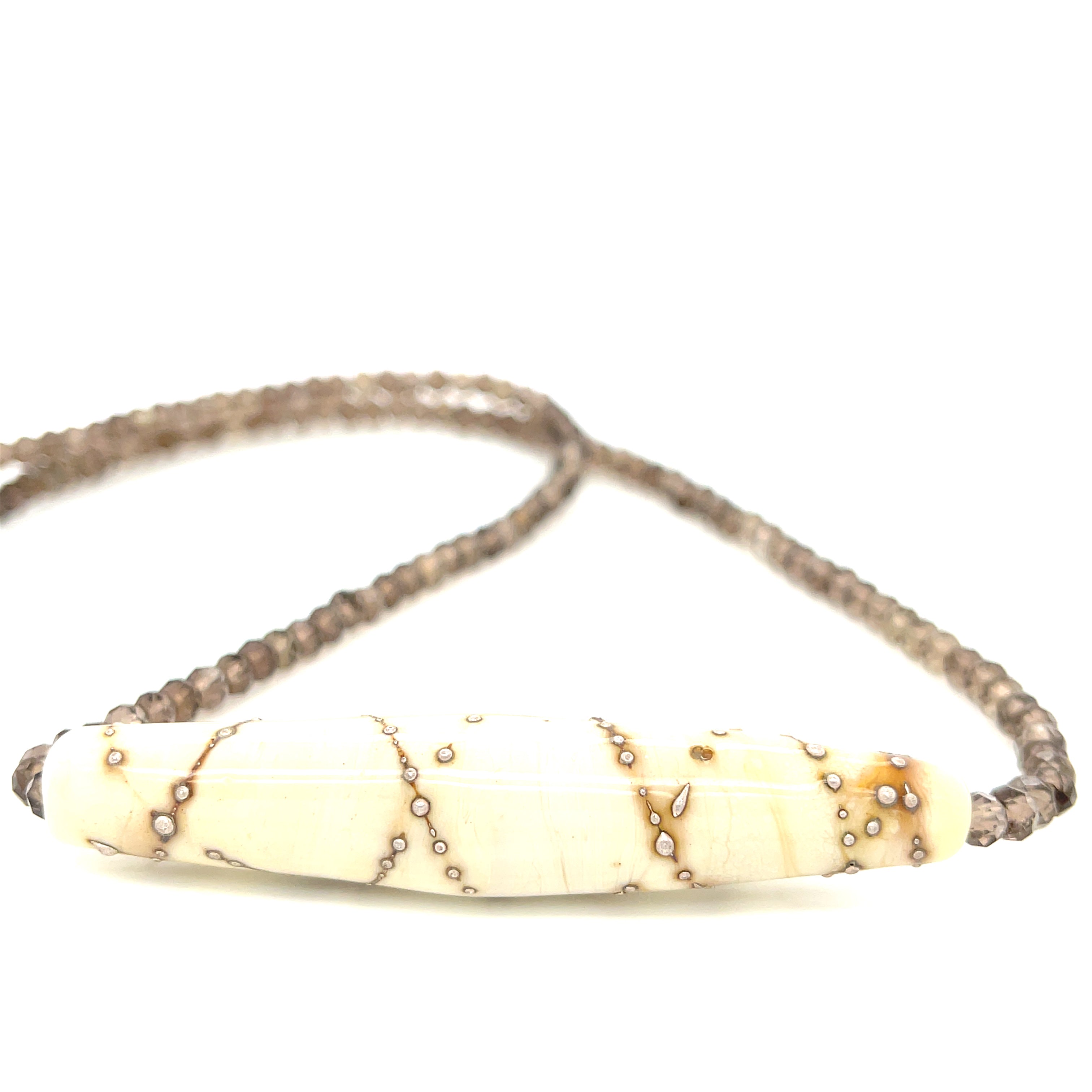 Single strand faceted Smokey Quartz Necklace with Lamp-work Glass centerpiece