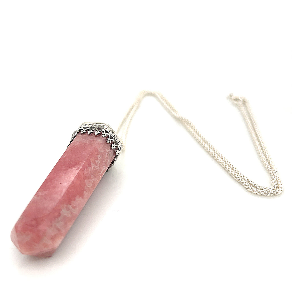 Rhodochrosite gemstone pendant on sterling silver chain necklace