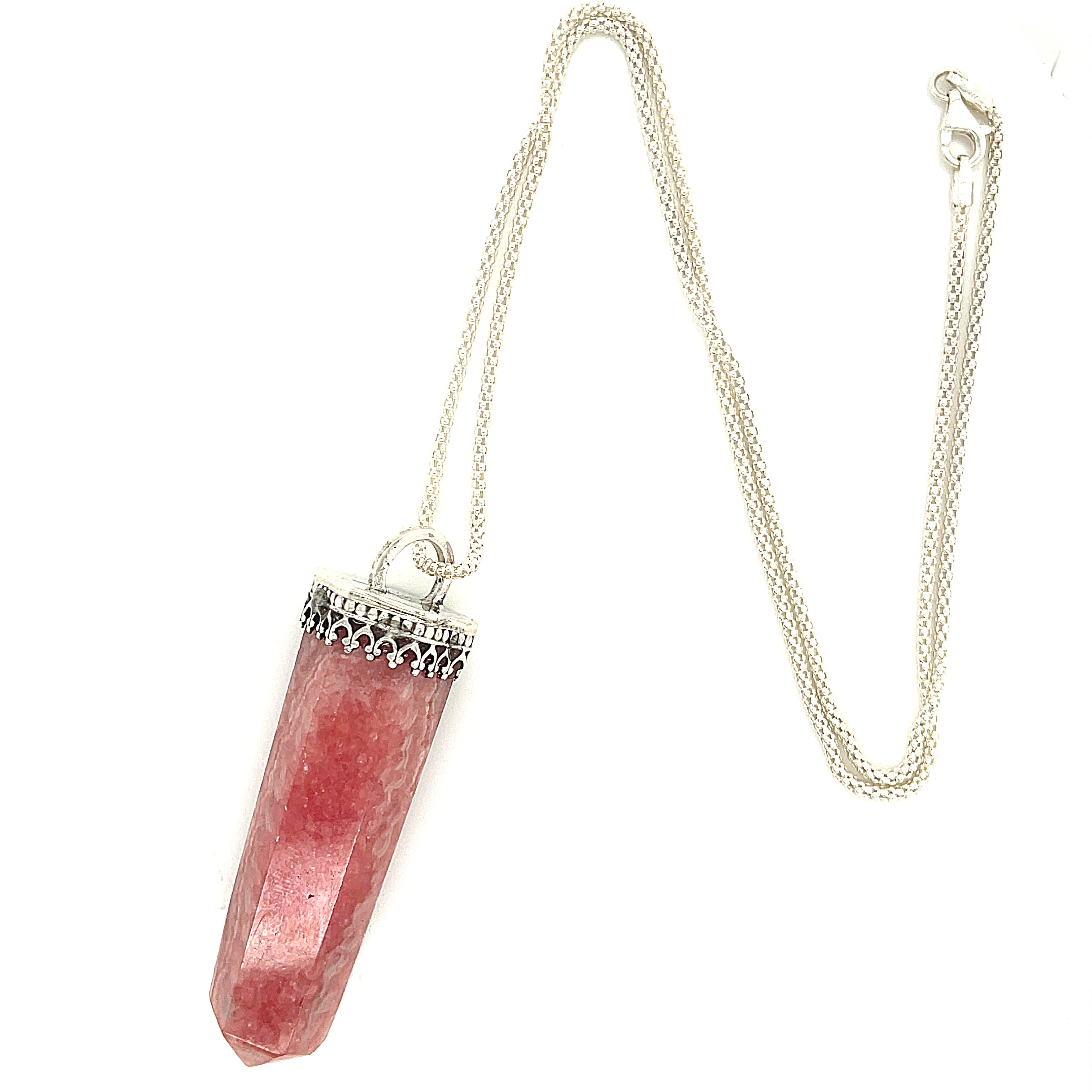 Rhodochrosite gemstone pendant on sterling silver chain necklace