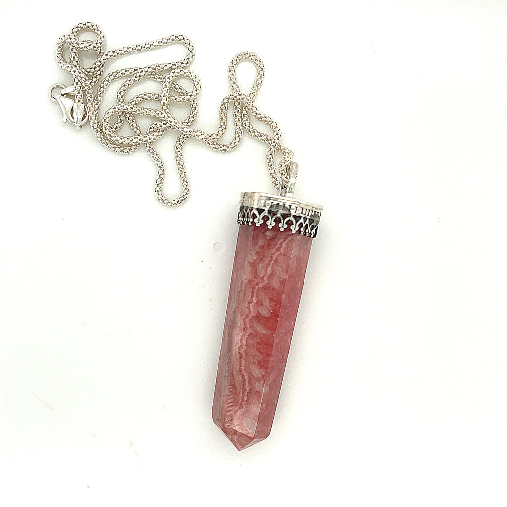 Rhodochrosite gemstone pendant on sterling silver chain necklace