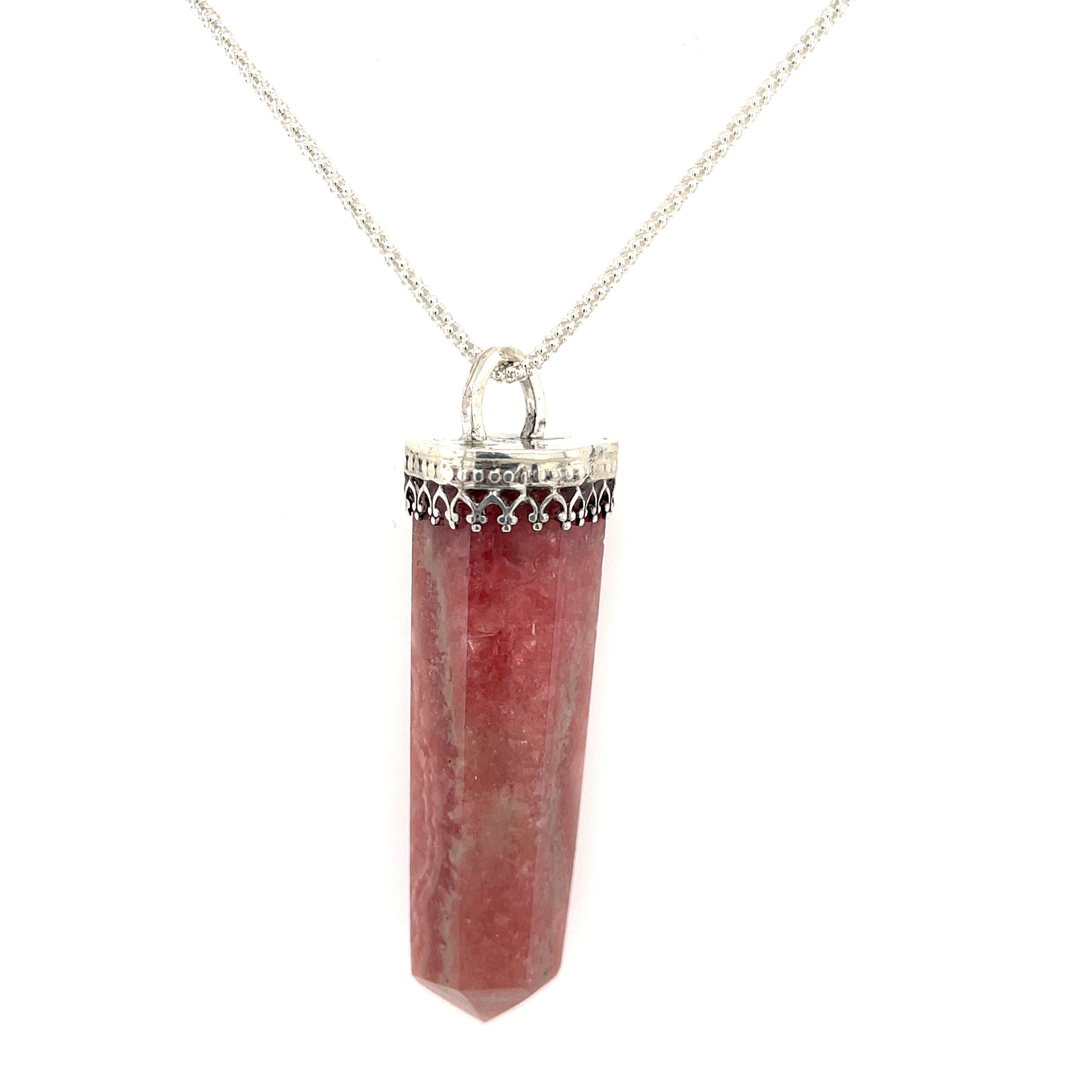 Rhodochrosite gemstone pendant on sterling silver chain necklace