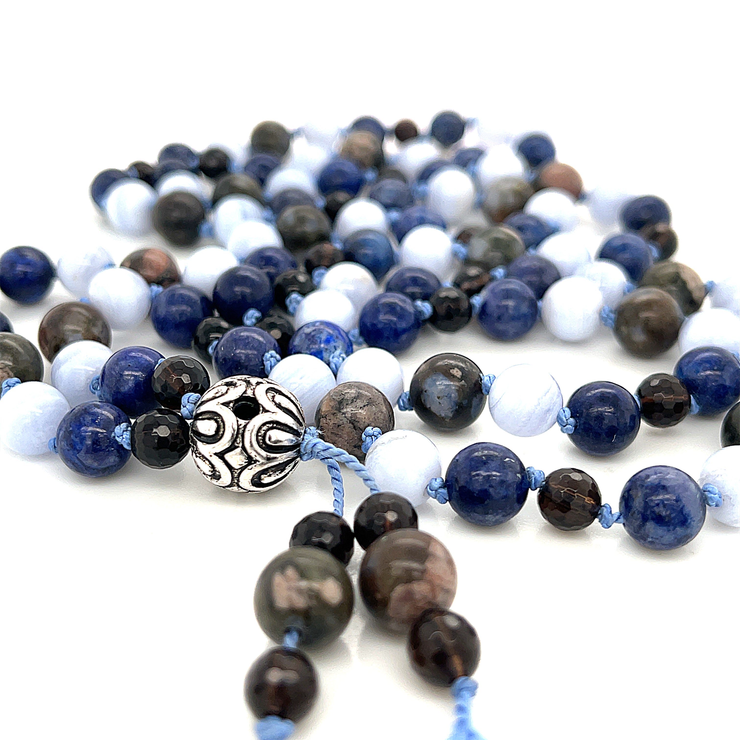 Mala Necklace, Blue Rhyolite, Blue Lace Agate, Smoky Quartz, & Lapis Lazuli gemstone necklace